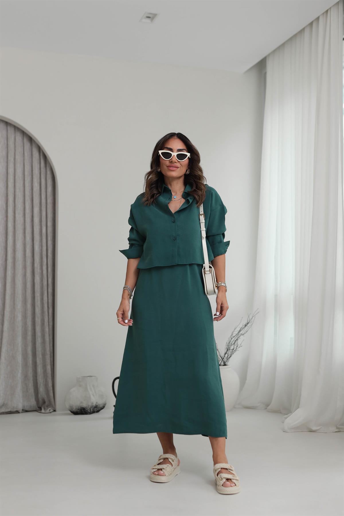 1153 Tencel Gömlek & Elbise Takım KOYU YEŞİL