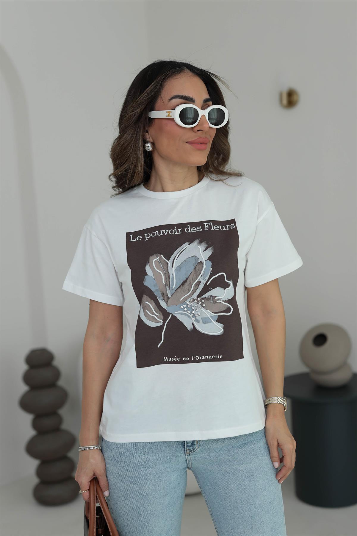 0223 Çiçek ve Taş Detaylı Tshirt ACI KAHVE