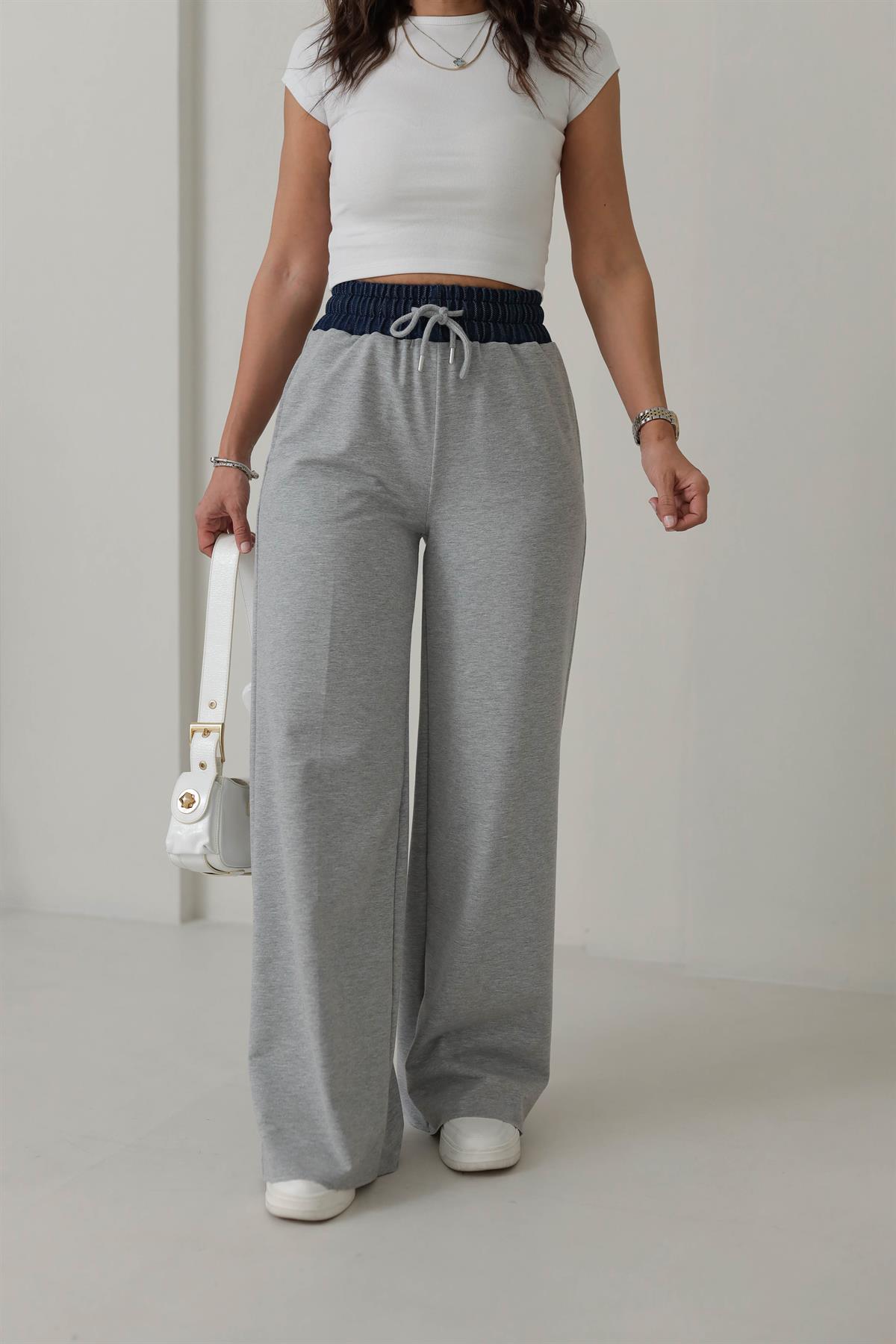 5727 Beli Kot Detaylı Eşofman Altı GRİ MELANJ