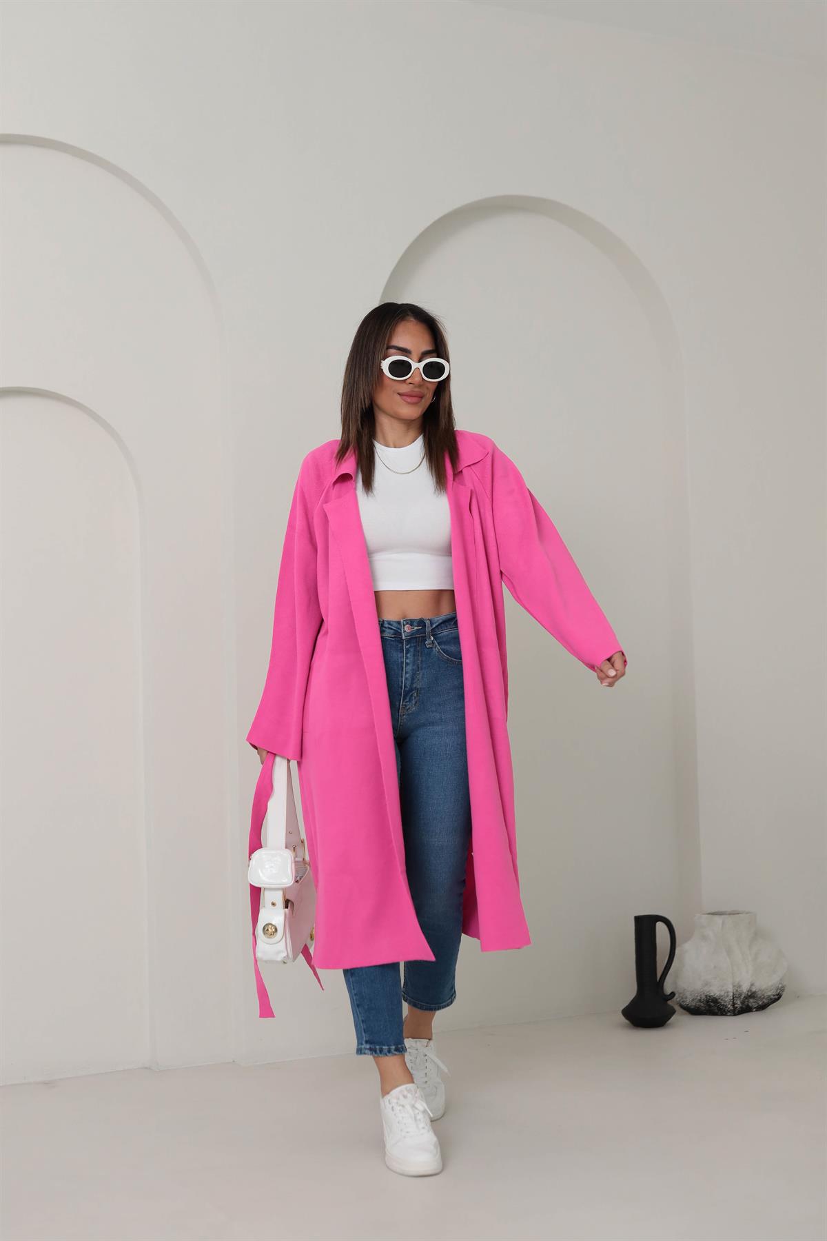 4064 Polo Yaka Triko Kemer Detaylı Hırka FUŞYA