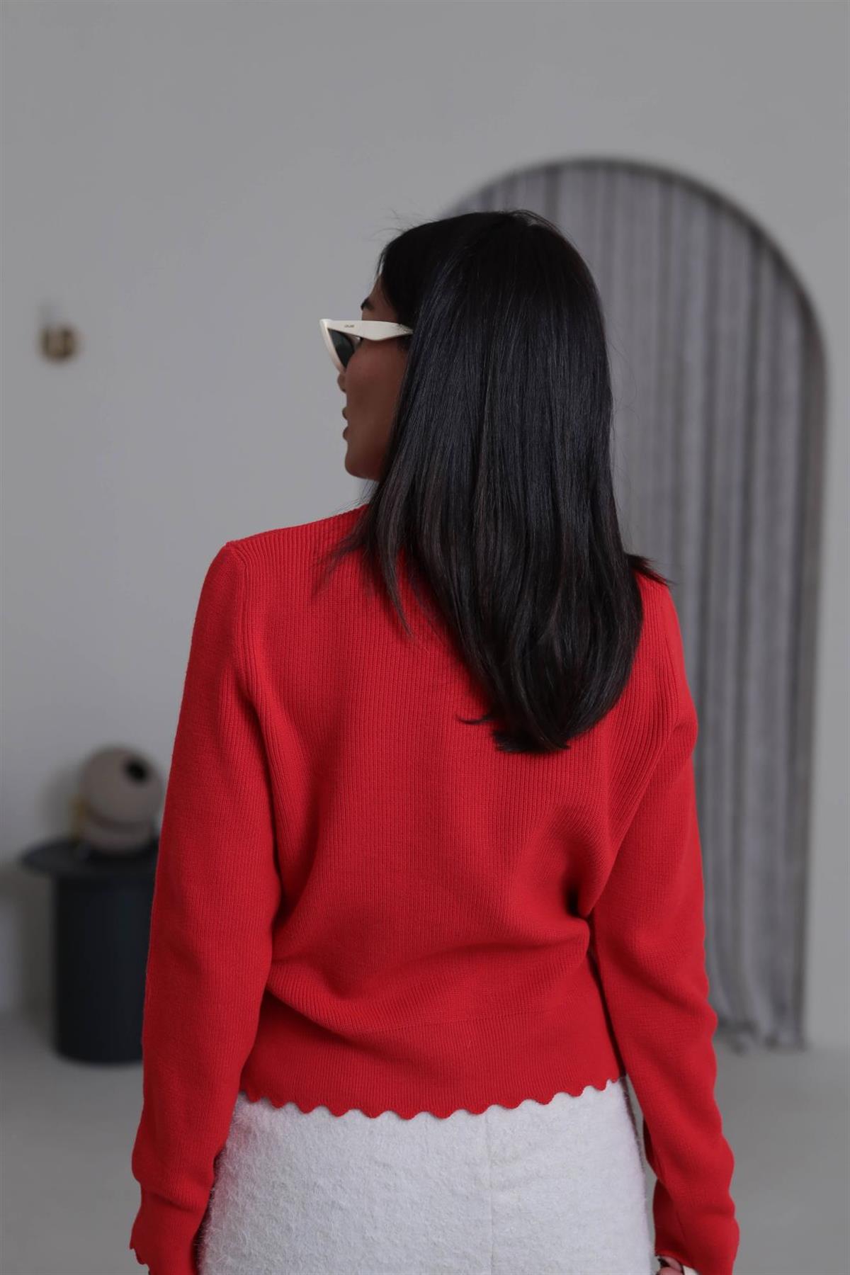 1088 Dantel Fularlı Triko Hırka NAR ÇİÇEĞİ