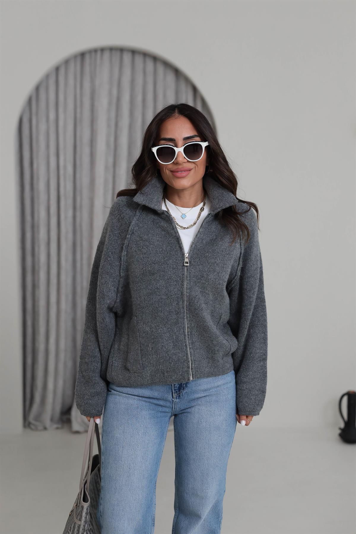 4904 Fermuar Detaylı Reglan Kol Triko Hırka GRİ