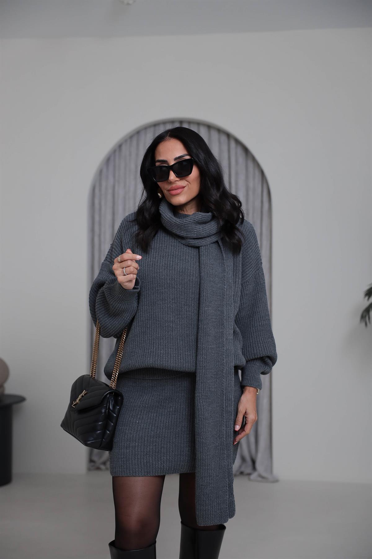 2581 Bisiklet Yaka Şal Detaylı Örgü Etek Takım KOYU GRİ