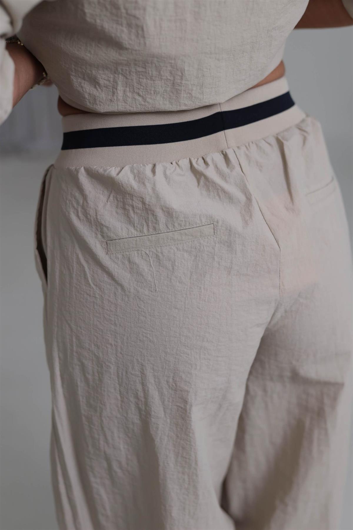 0766 Bel Ribanalı Paraşüt Kumaş Pantolon BEJ