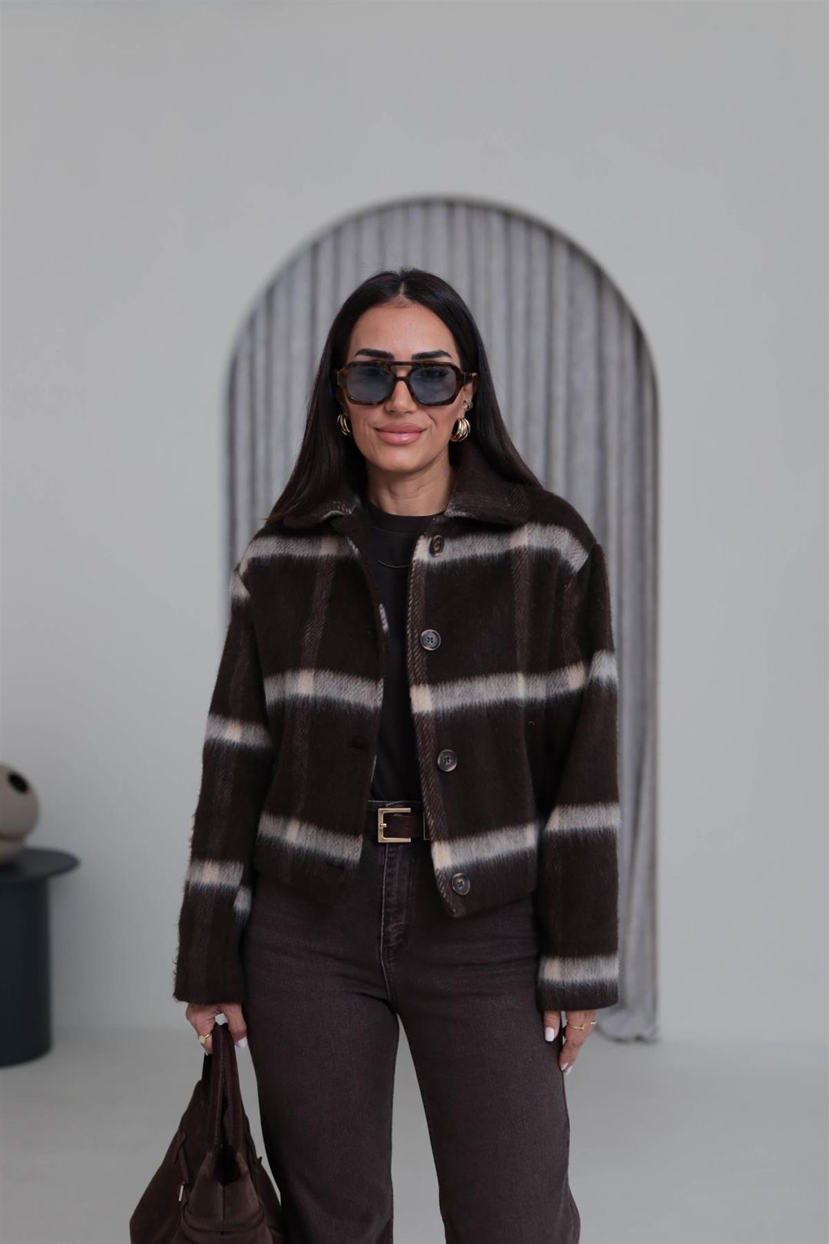 5115 Arkası Büzgü Detaylı Ekose Astarlı Ceket ACI KAHVE