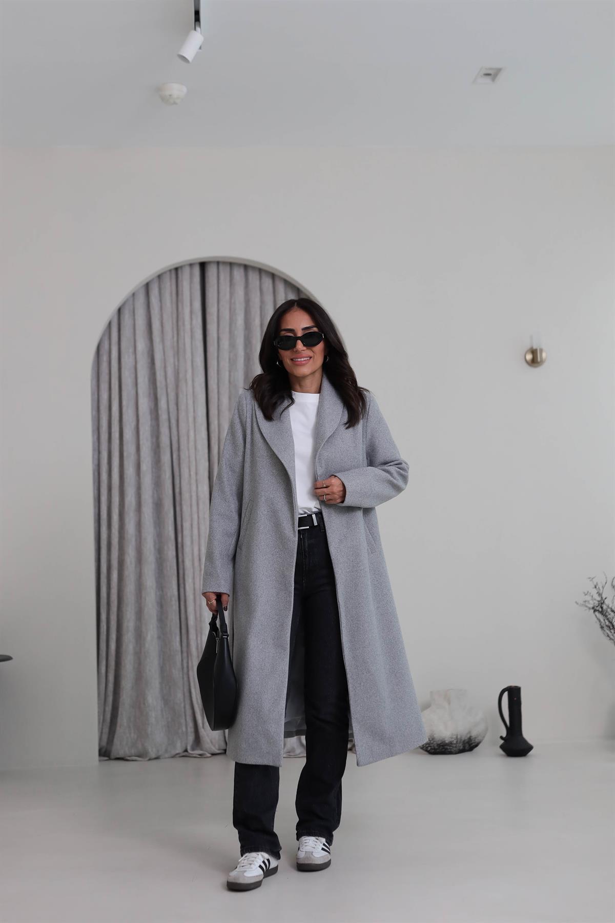 2173 Kuşaklı Kaşe Ceket GRİ