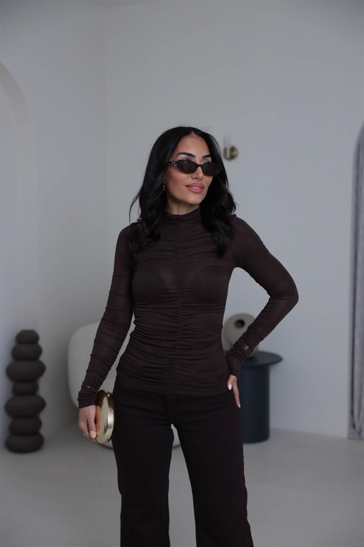 1036 Dik Yaka Drapeli Transparan Bluz ACI KAHVE