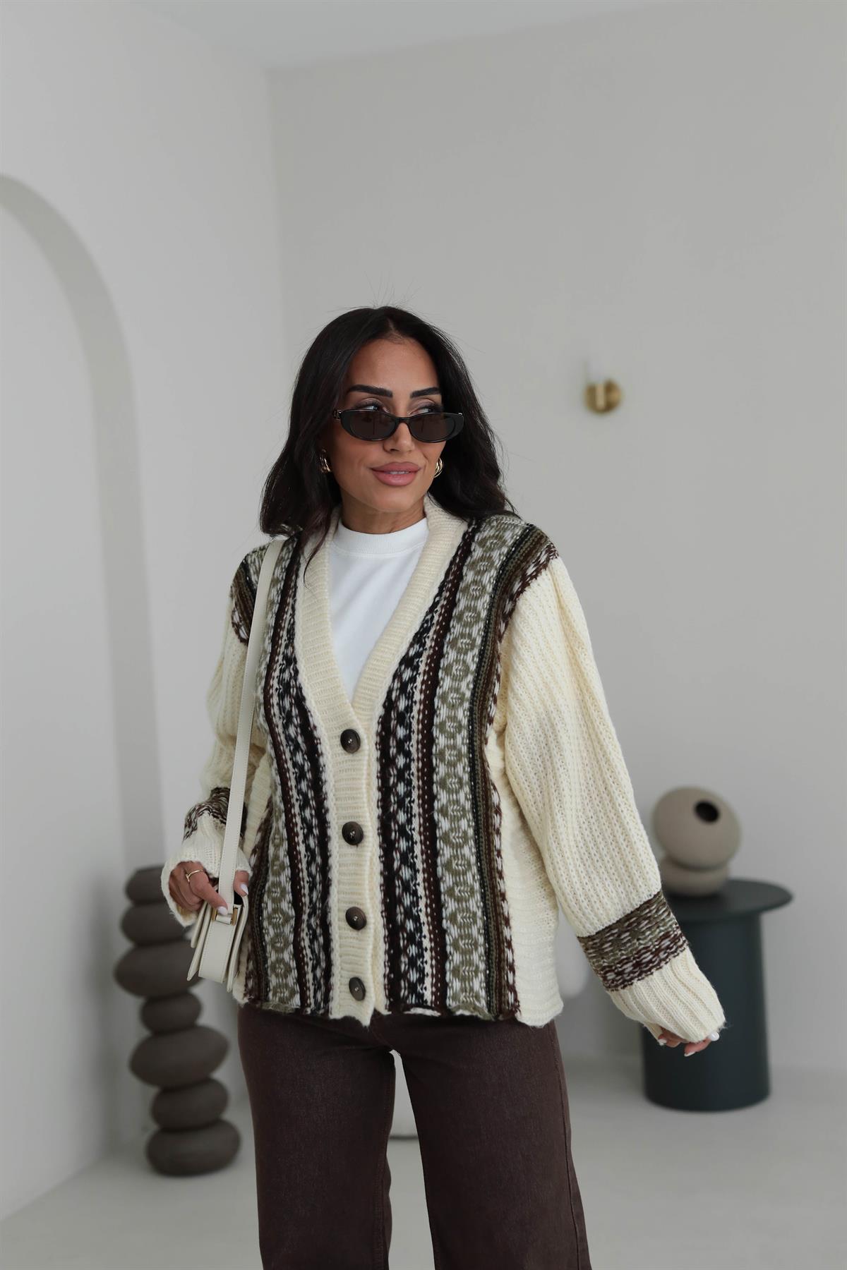 5057 Retro Nordic Triko Hırka EKRU