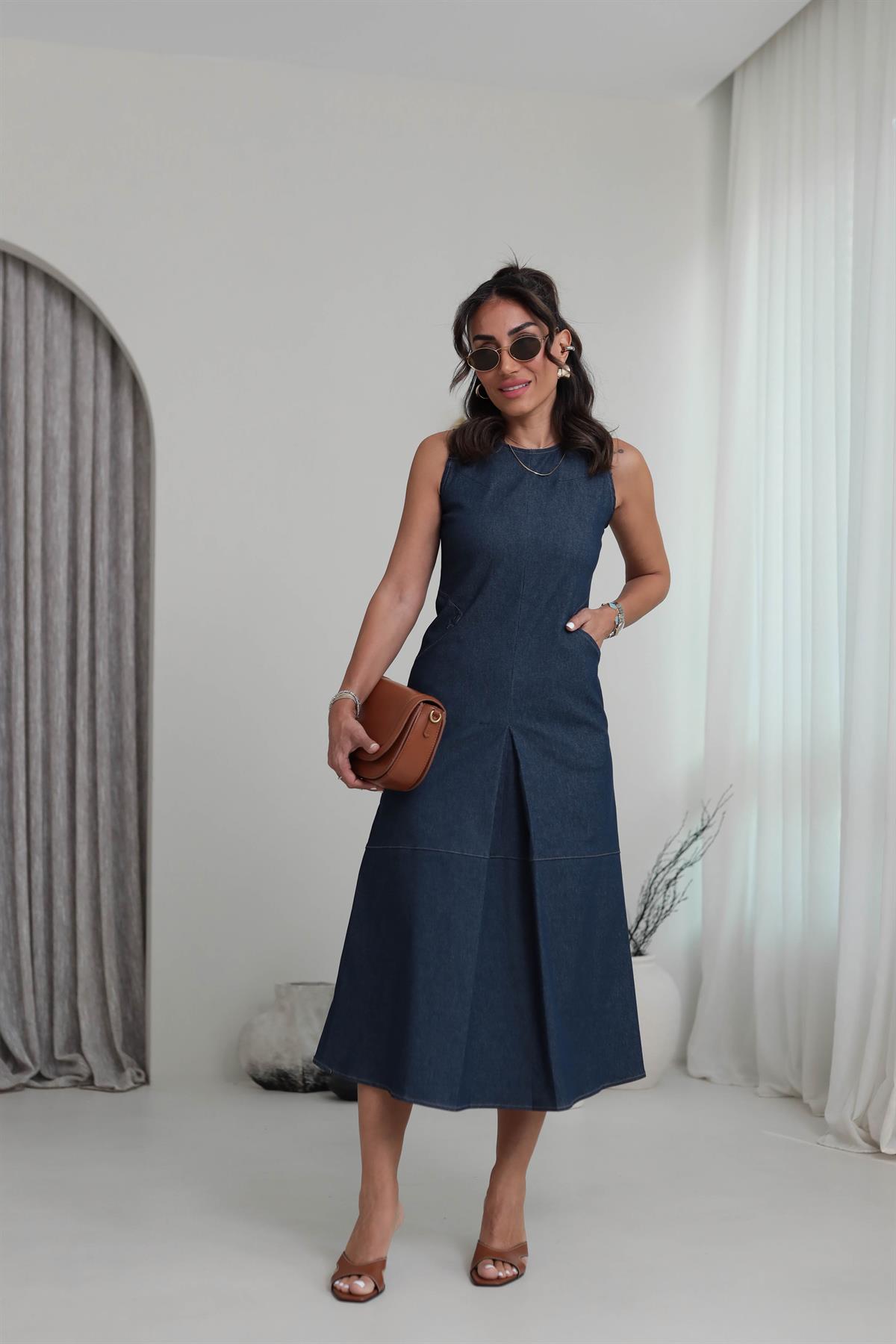 9901 Sıfır Kol Dikiş Detay Likralı Elbise LACİVERT