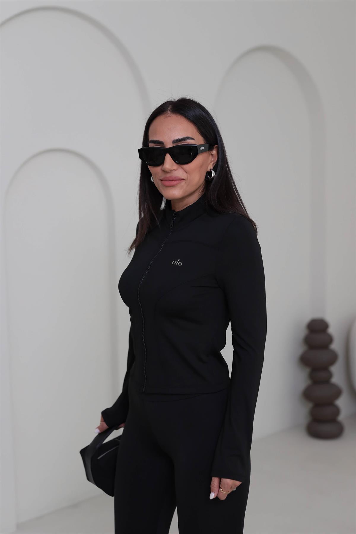 T001 Yazı Baskılı Fermuarlı Spor Ceket SİYAH