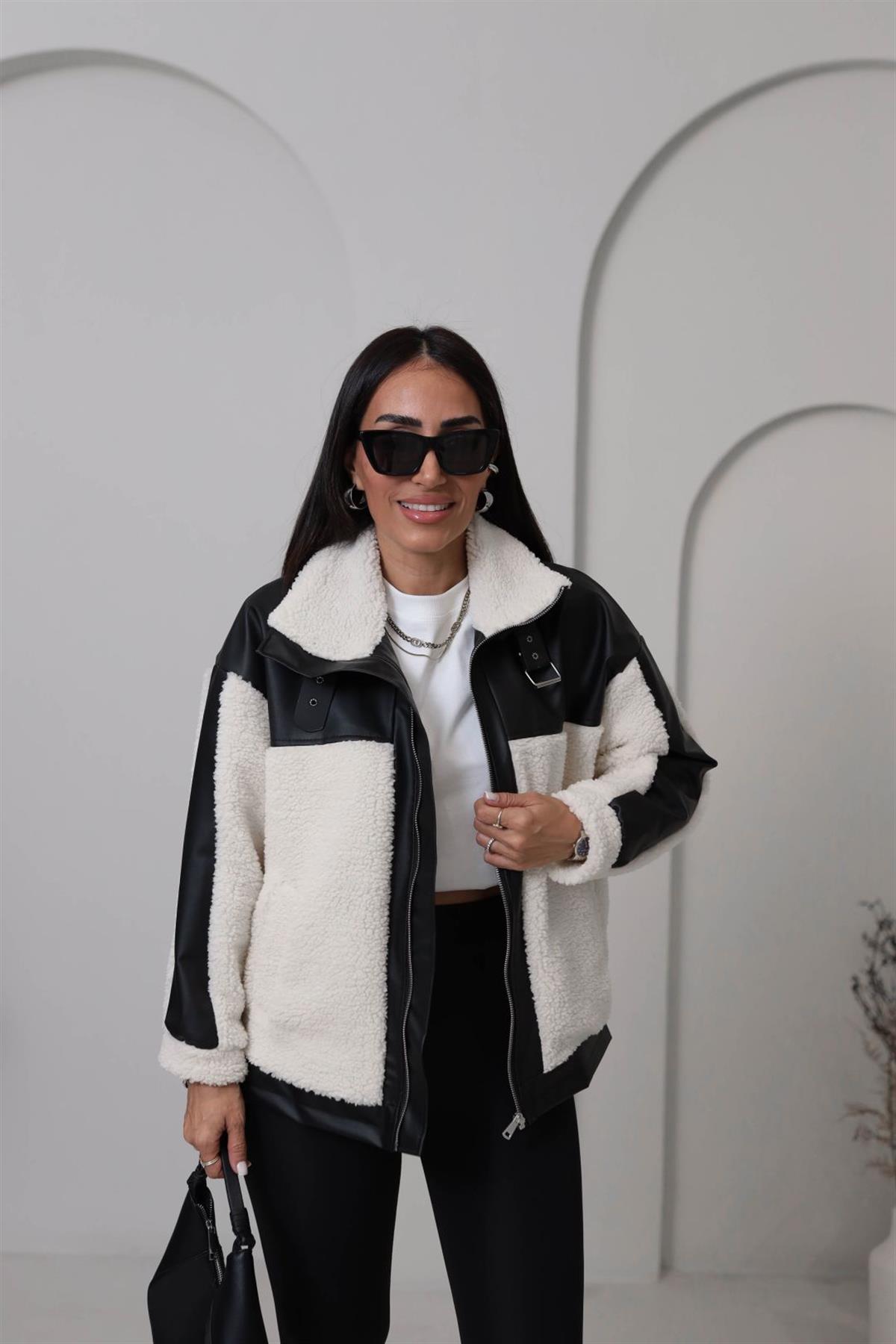 2631 Deri Garnili Kemer Detaylı Teddy Mont SİYAH-EKRU