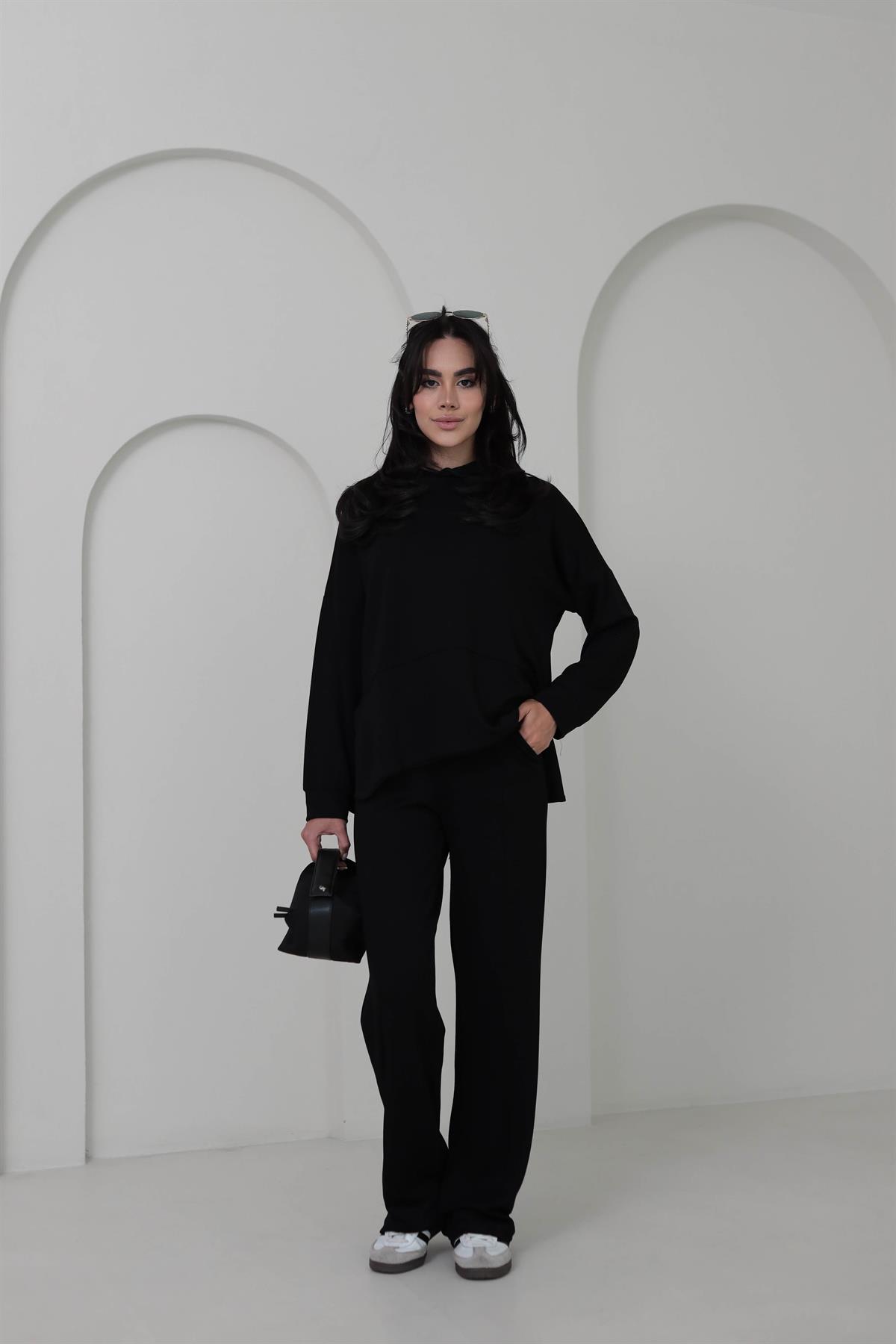 2130 Kapşonlu Uzun Kol Modal Penye Takım SİYAH