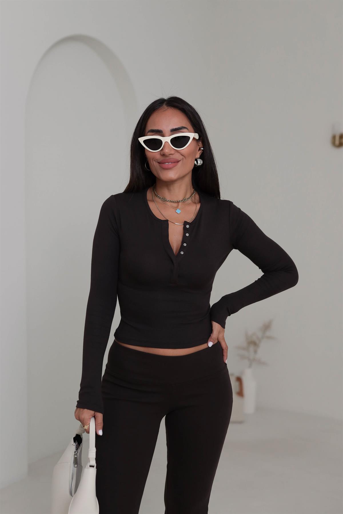 1442 Uzun Kollu Çıtçıt Düğmeli Bluz ACI KAHVE