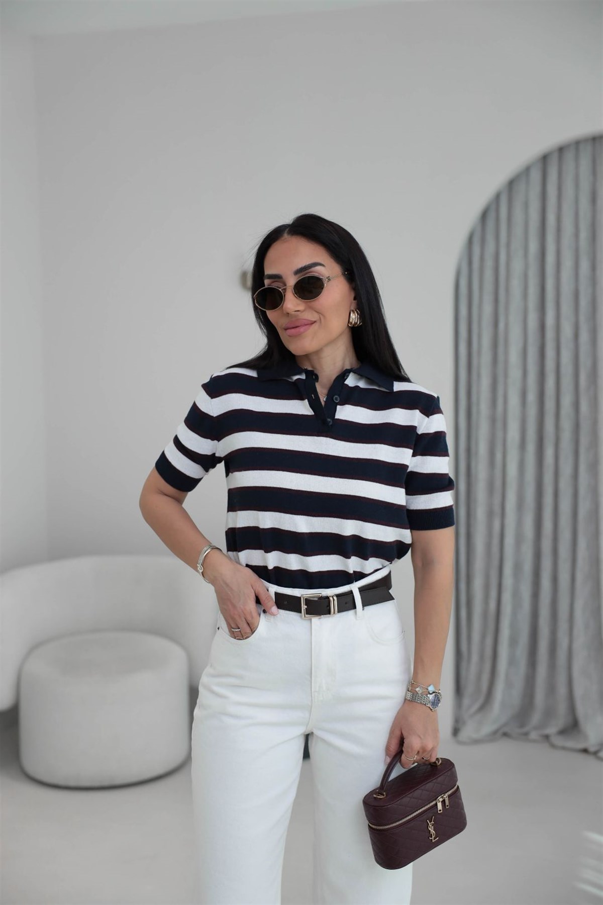 Polo Yaka Çizgili Massi Triko Bluz LACİVERT