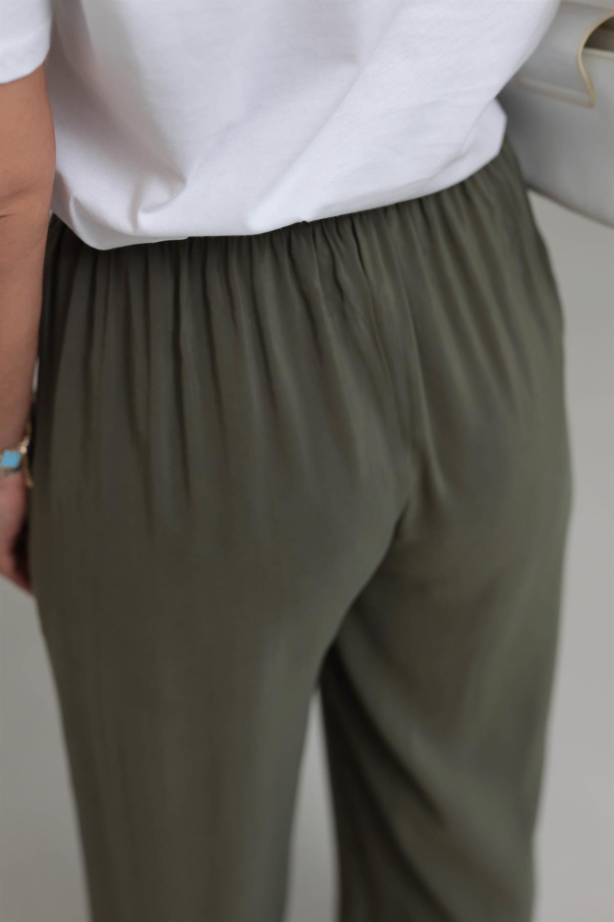 8002 Beli Lastikli Bağcıklı Tencel Pantolon HAKİ YEŞİL