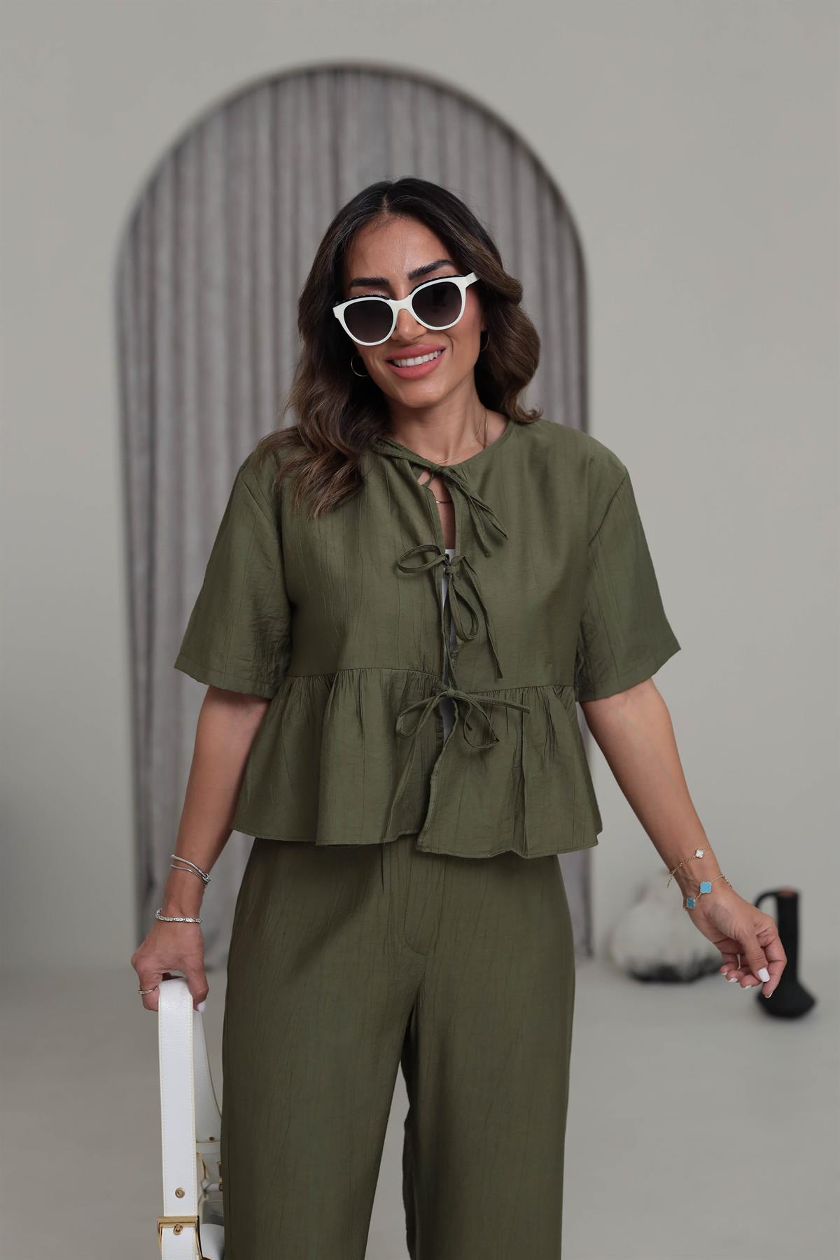 9265 Bağlama Detaylı Çilek Kumaş Takım HAKİ YEŞİL