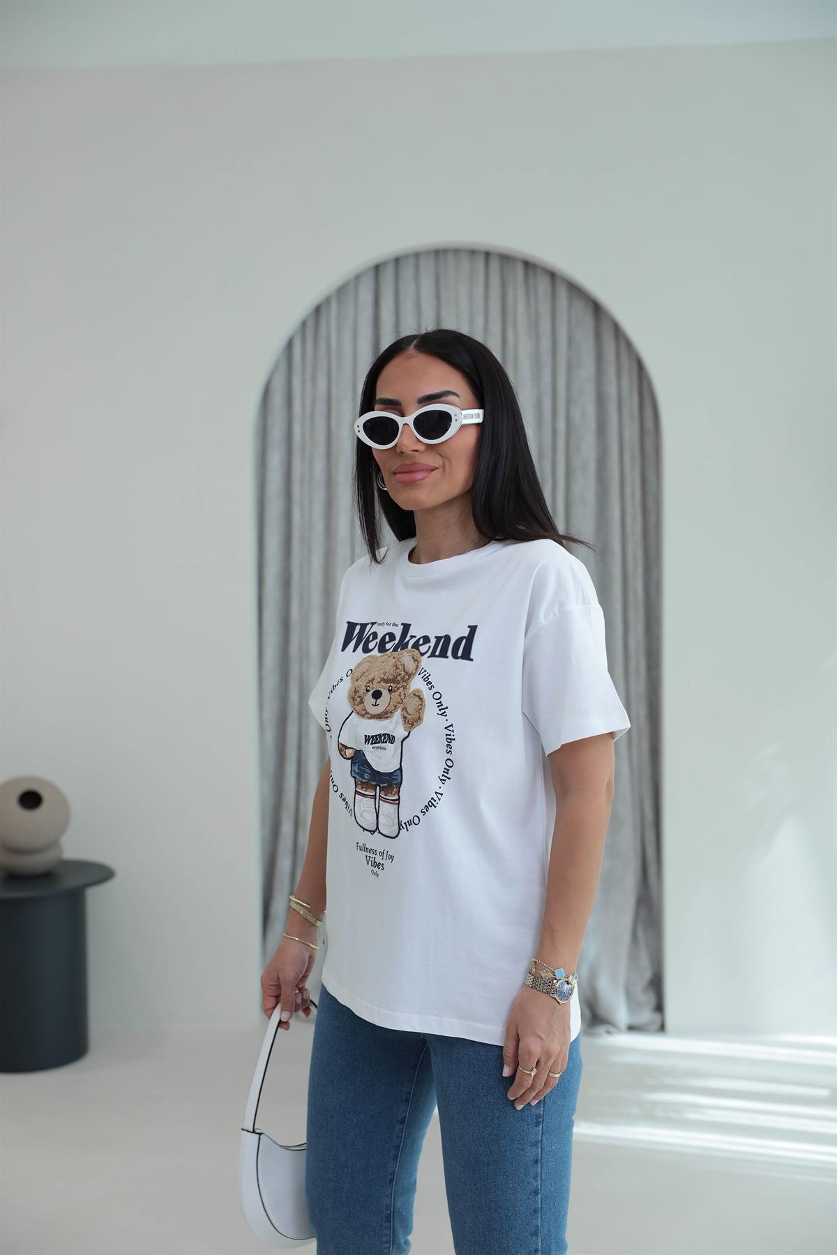 7514 Bisiklet Yaka Teddy Aplikeli Tshirt BEYAZ