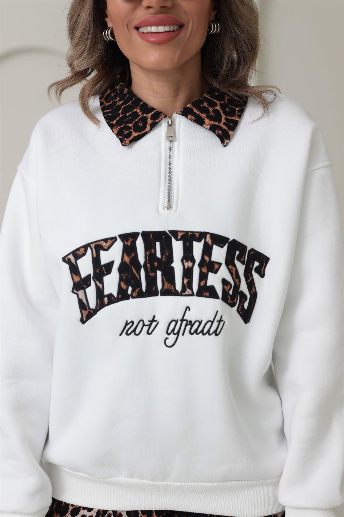 Leopar Yakalı Nakışlı Şardonlu Sweatshirt EKRU
