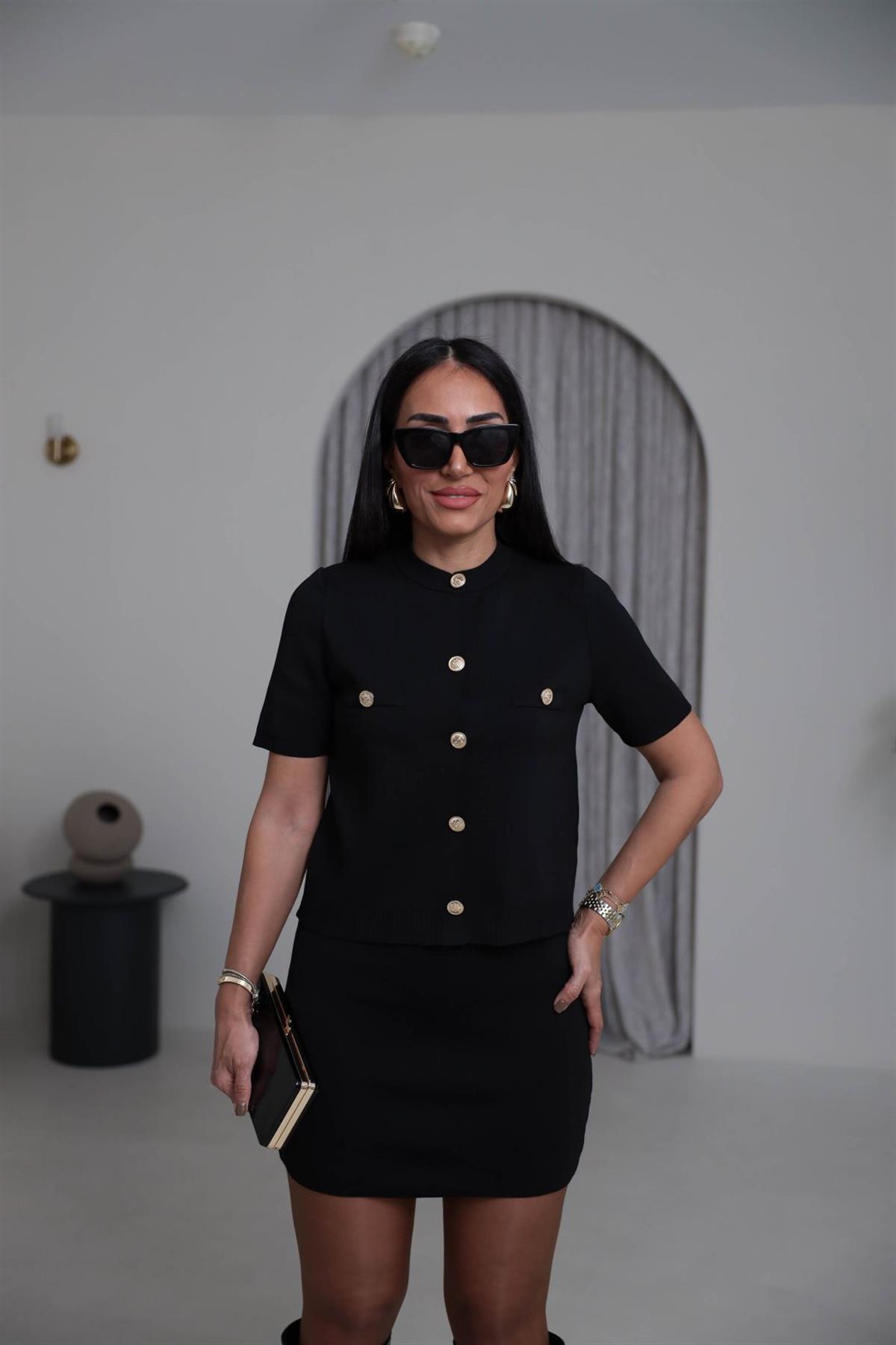 0008 Gold Düğme Detaylı Etekli Triko Takım SİYAH