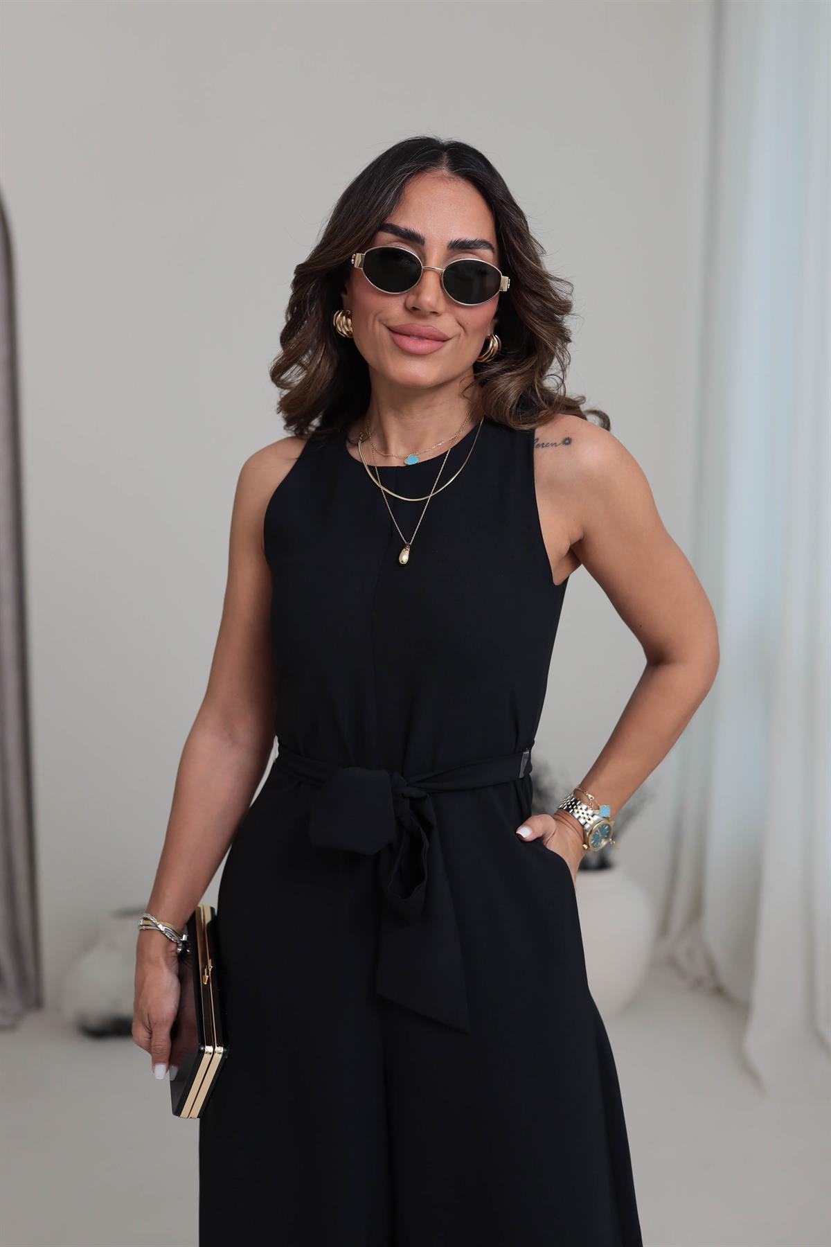 0022 Bol Paça Bel Kuşak Kemerli Tulum SİYAH