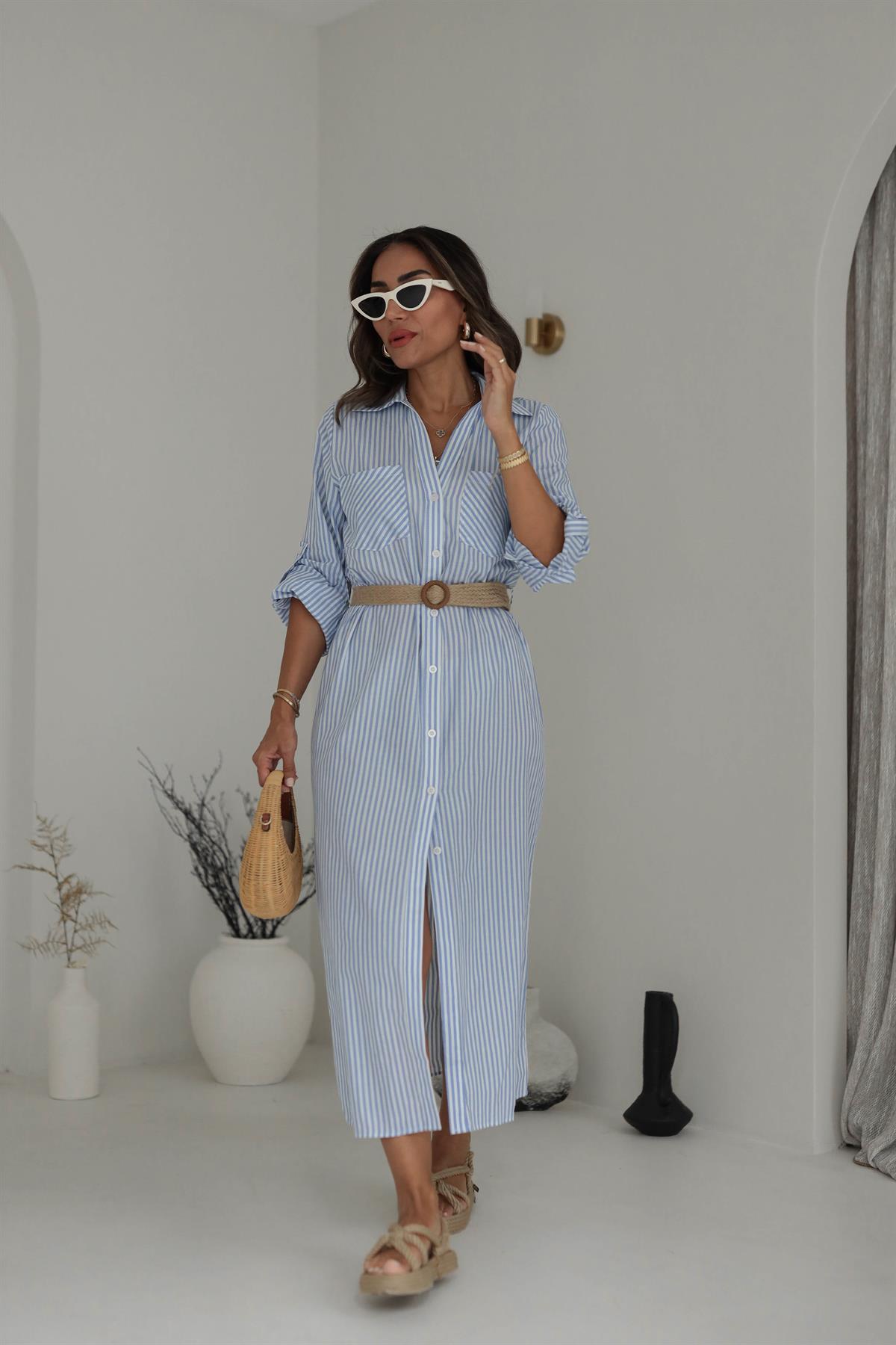 Hasır Kemerli Cep Detaylı Çizgili Gömlek Elbise