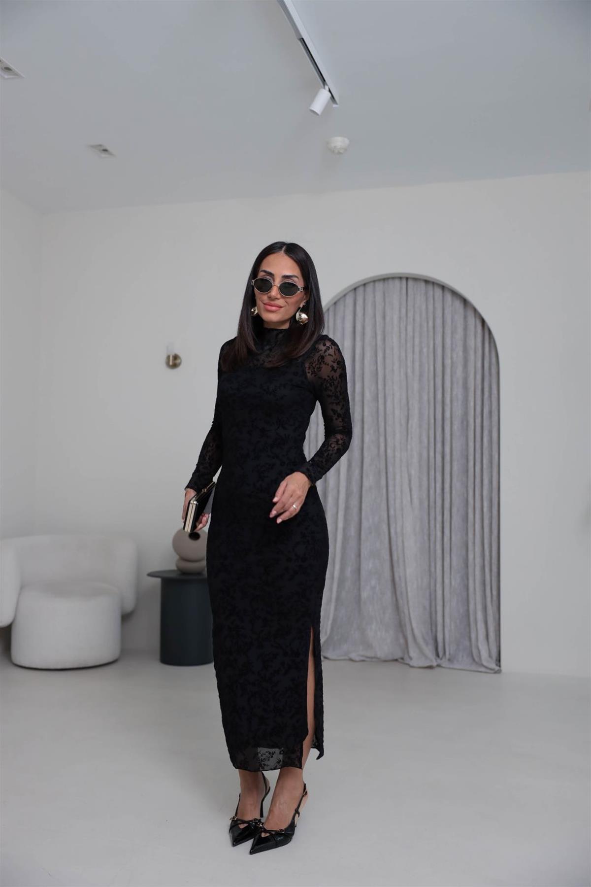 1164 Flok Baskılı Yırtmaçlı Maxi Boy Tül Elbise SİYAH