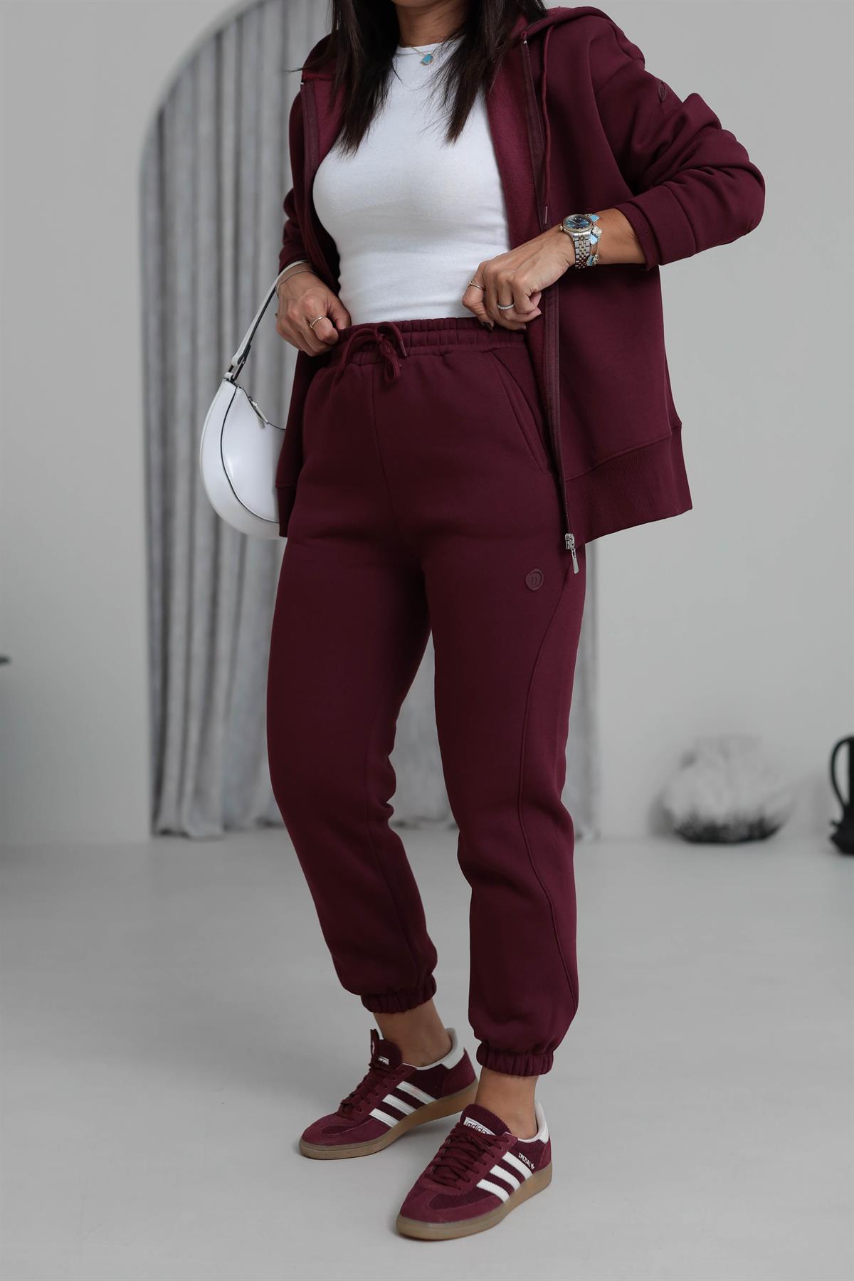 7314 Ribanalı Bel Lastikli 3 iplik Şardonlu Eşofman Altı BORDO