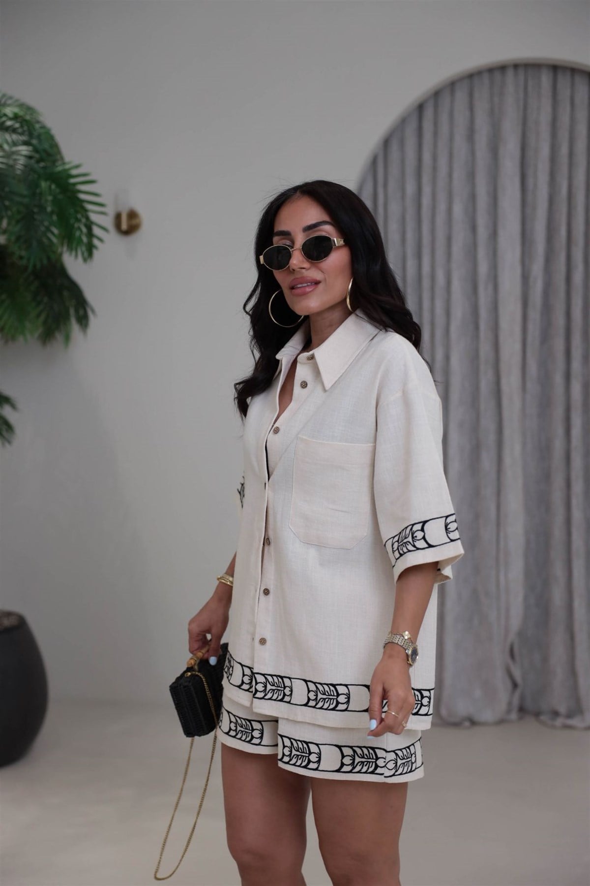 4177 Nakış İşlemeli Ham Keten Şortlu Takım NATURAL