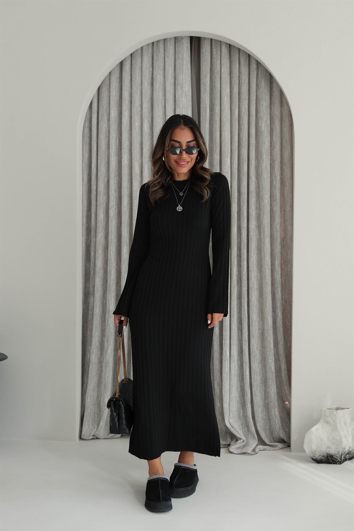 Bisiklet Yaka Fitilli Triko Elbise