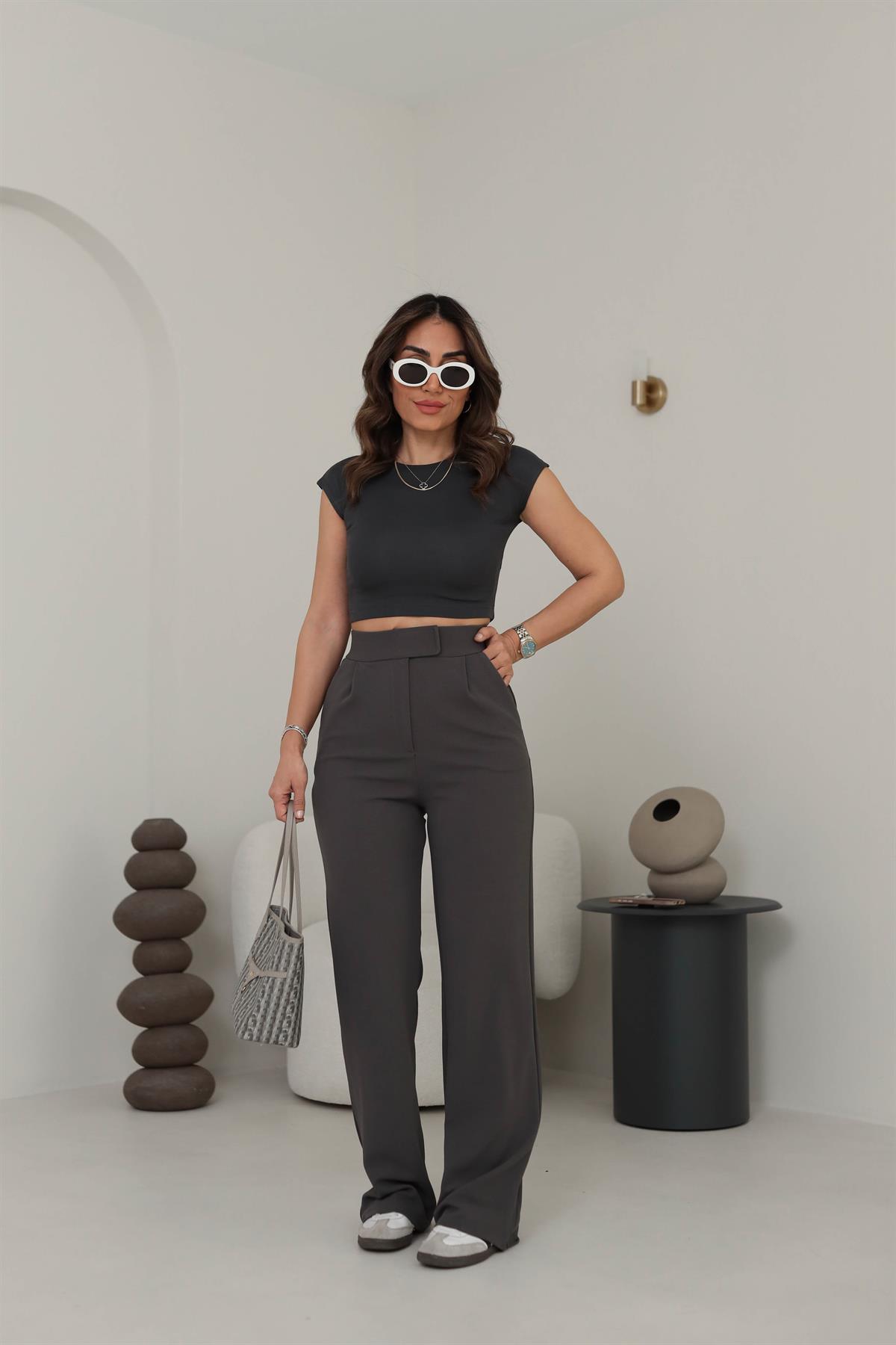 0528 Pamuk ve Modal Karışımlı Crop Top FÜME