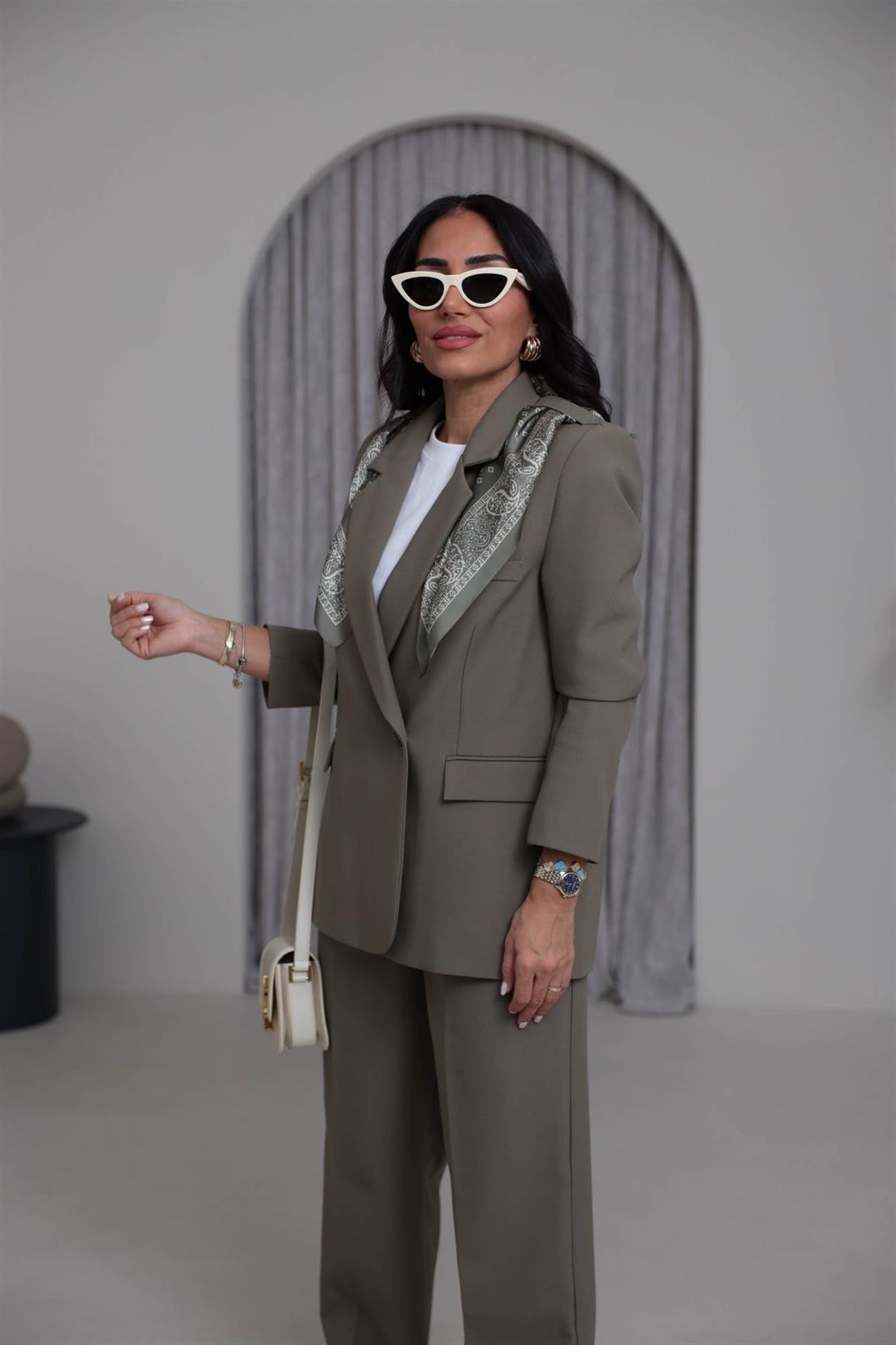 7665 Fular Detaylı Blazer Ceket HAKİ YEŞİL