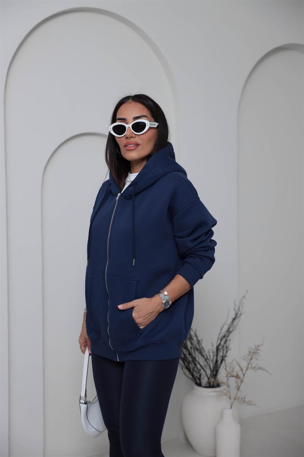 1003 3 İplik Şardonlu Kapşonlu Fermuarlı Ceket LACİVERT