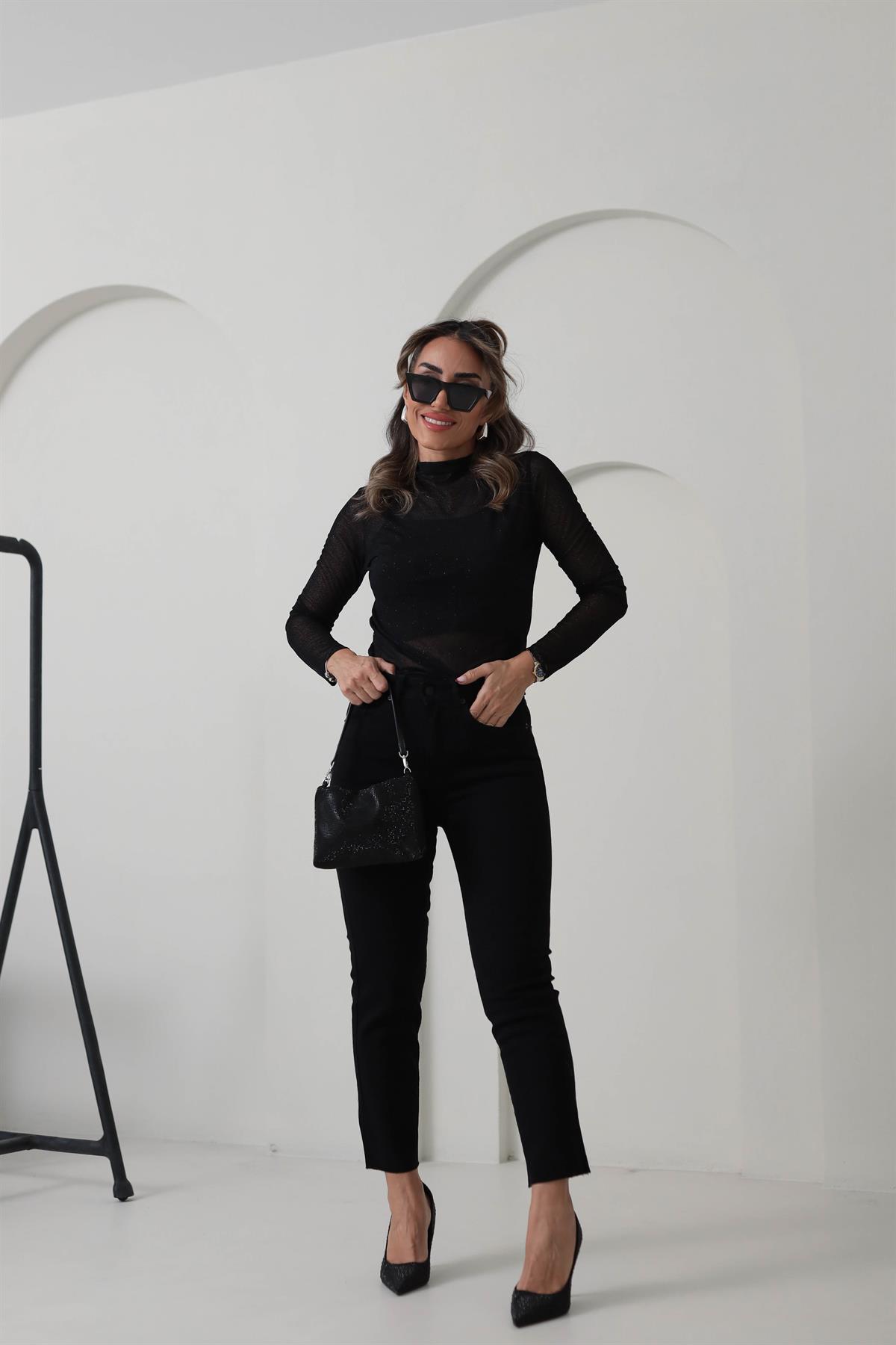 9406 Parıltılı Dik Yaka Transparan Bluz SİYAH