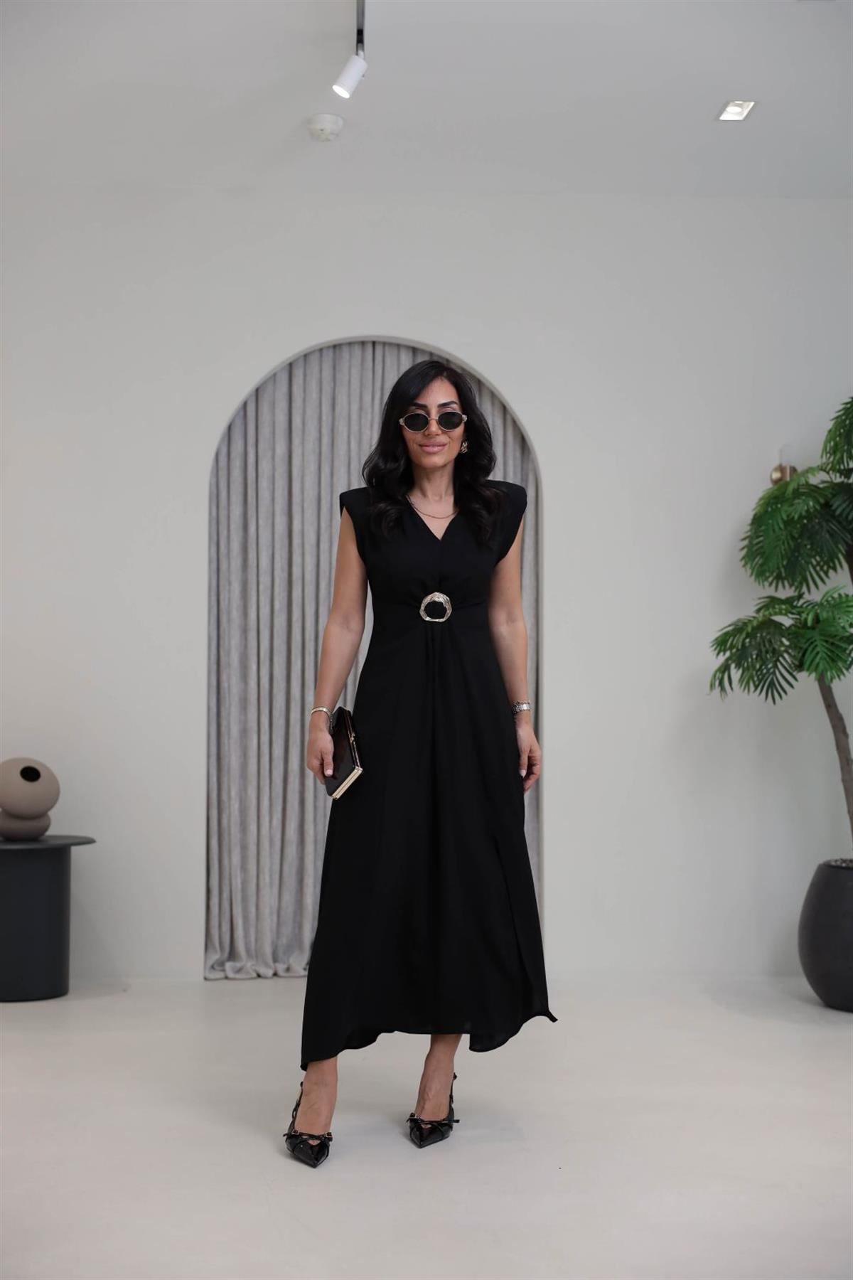 3865 V Yaka Gold Tokalı Maxi Elbise SİYAH