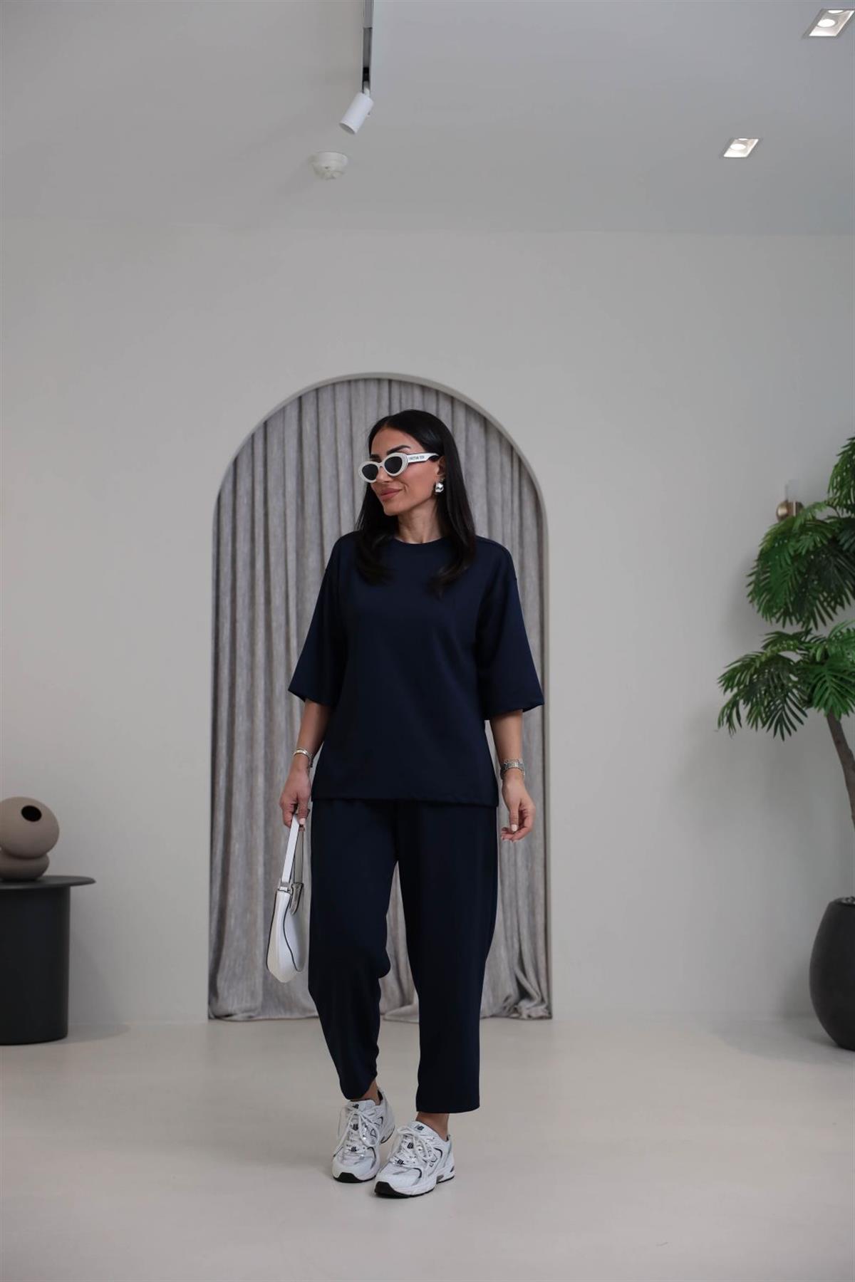 2485 Yanları Yırtmaçlı Kısa Kol Modal Takım LACİVERT