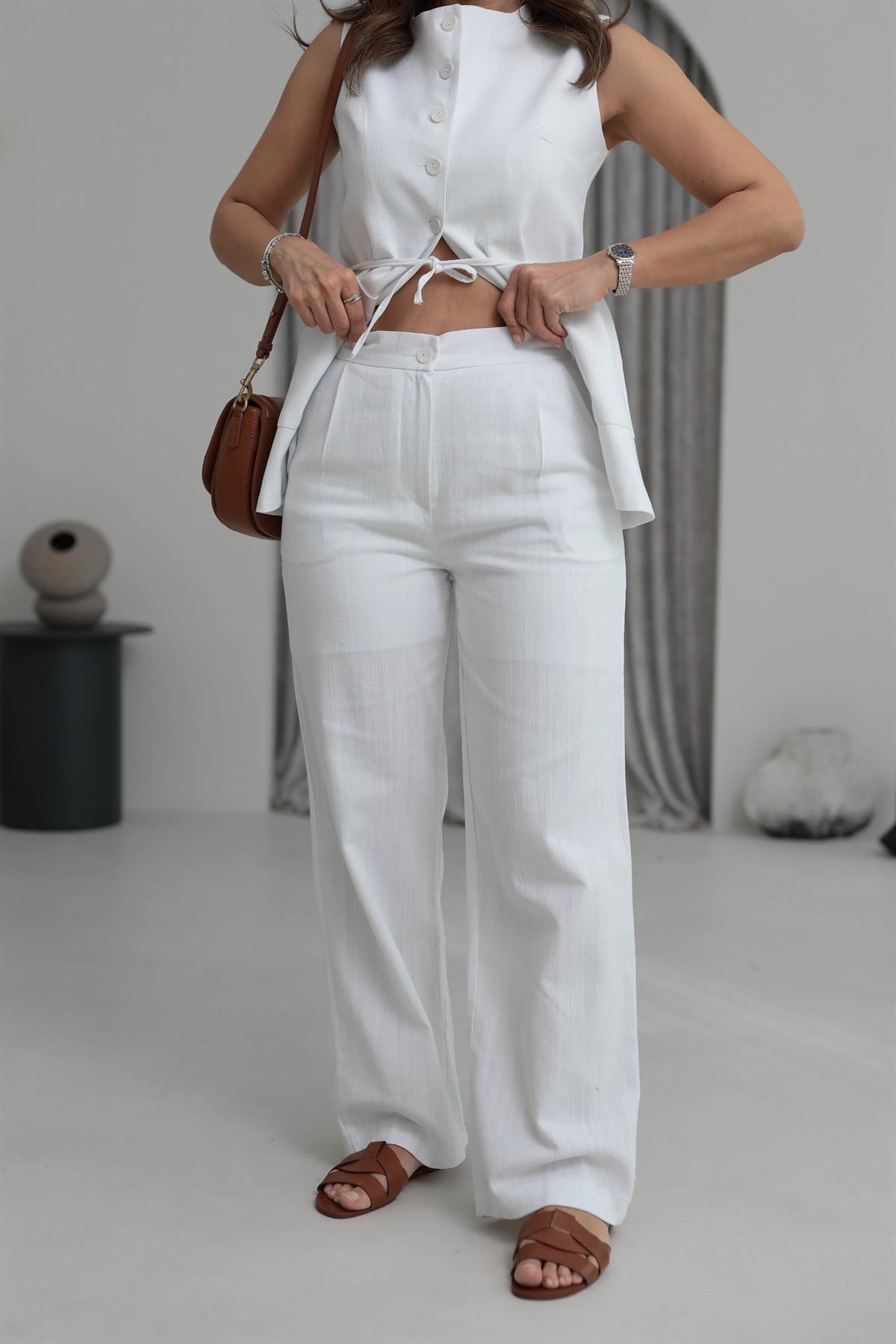 8602 Çift Cepli Keten Yelek Takım BEYAZ