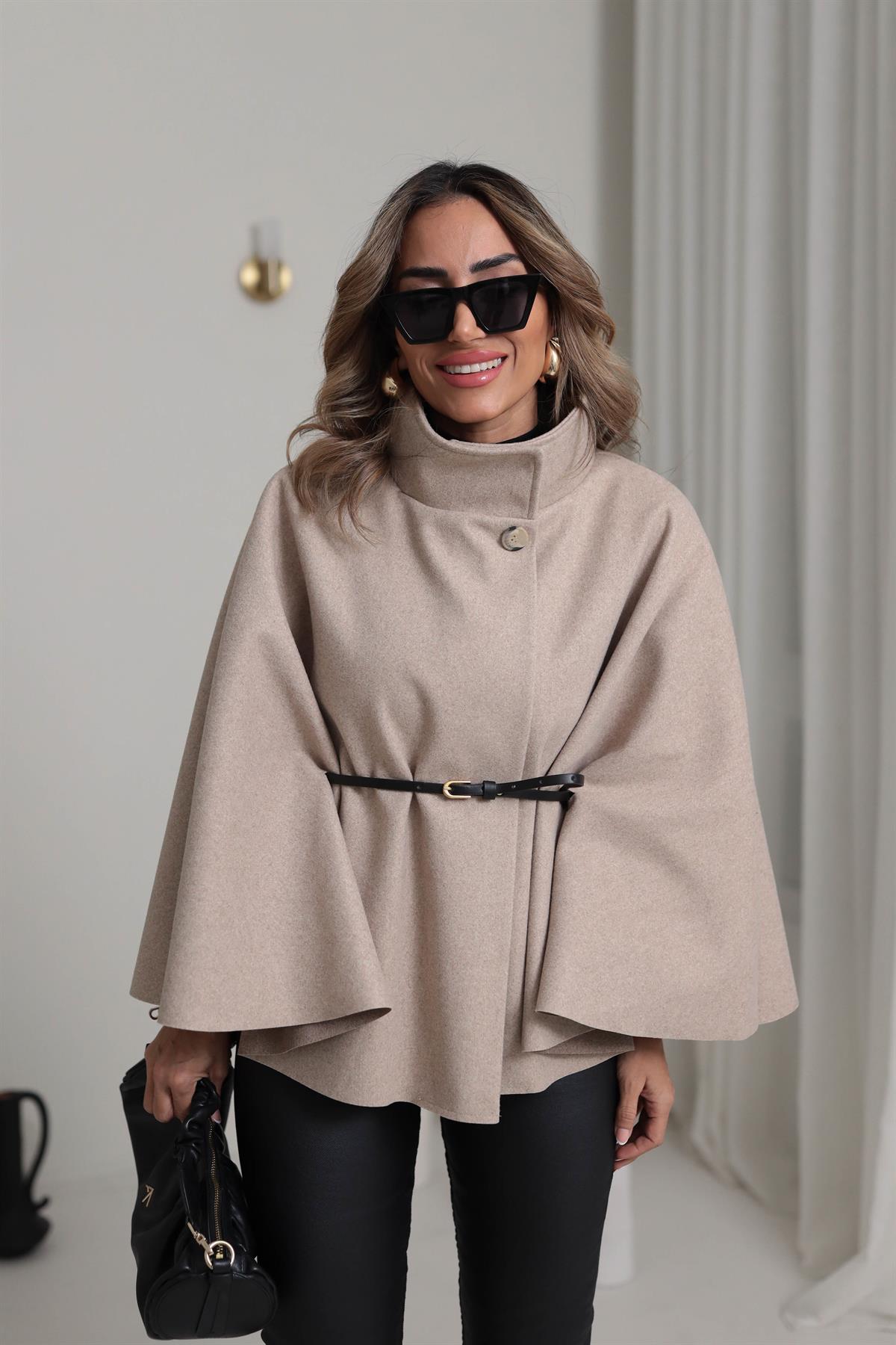 80167 Kemerli Dik Yaka Kaşe Panço BEJ