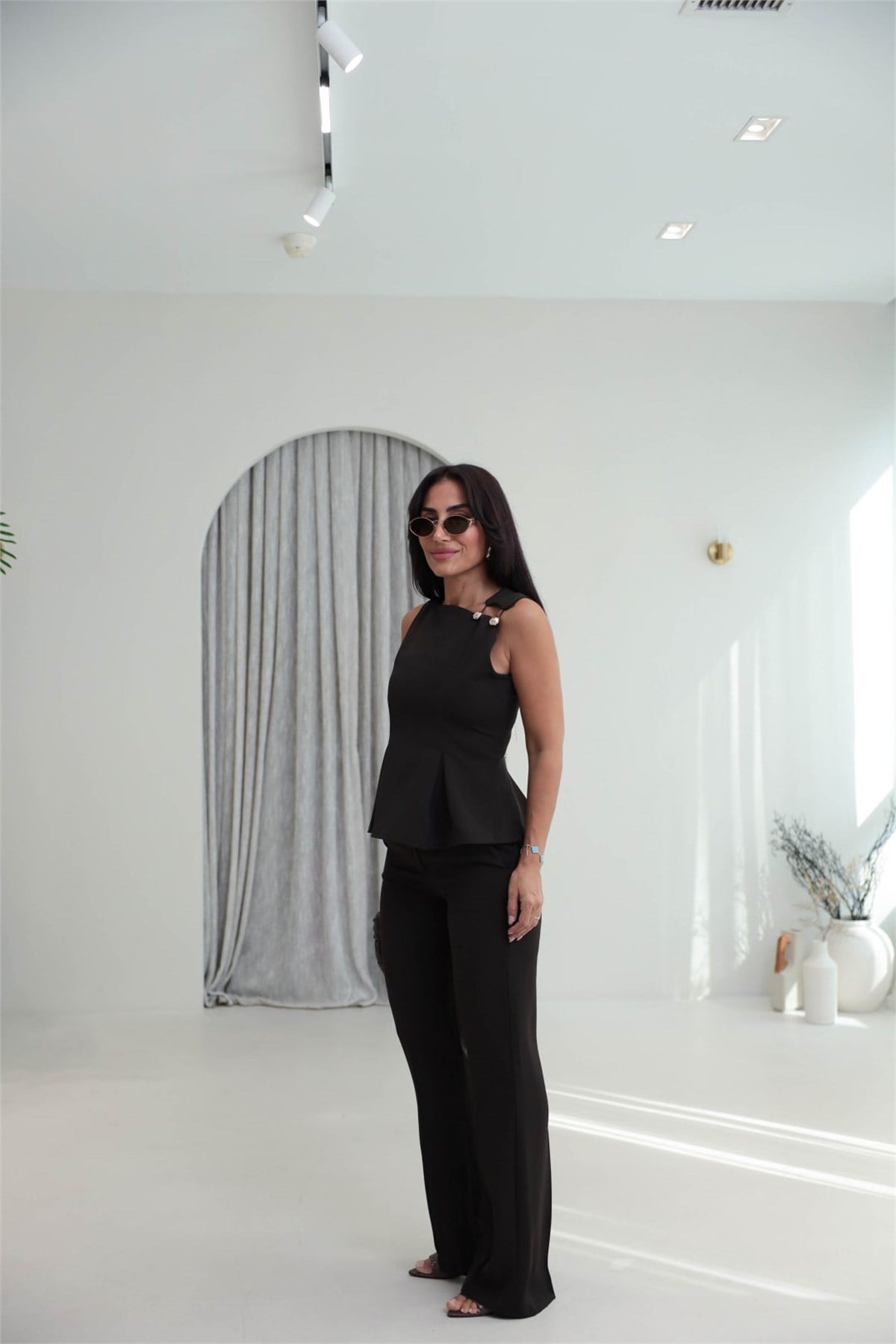 9215 Omuz Düğme Detaylı Bluz & Pantolon Takım KOYU KAHVE