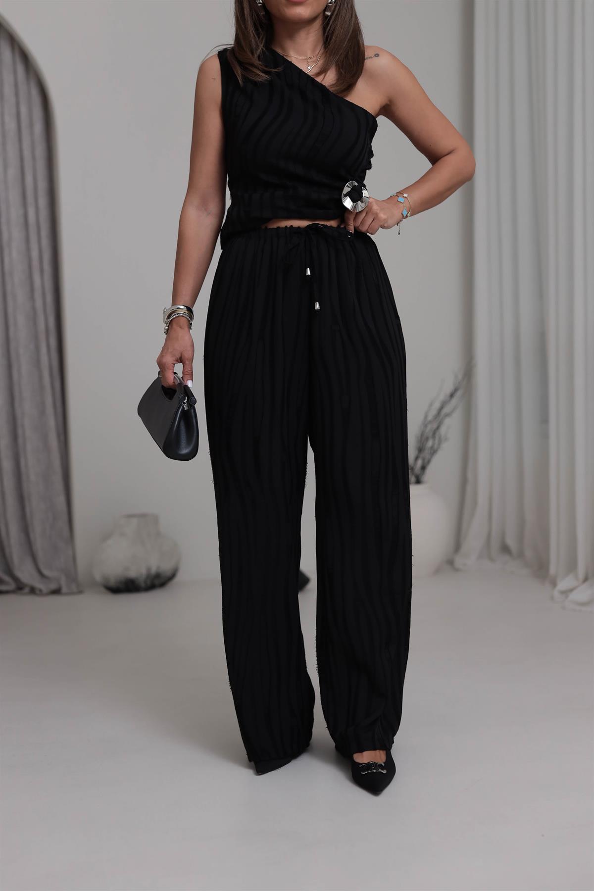 0111 Beli Lastikli Kendinden Desenli Pantolon SİYAH