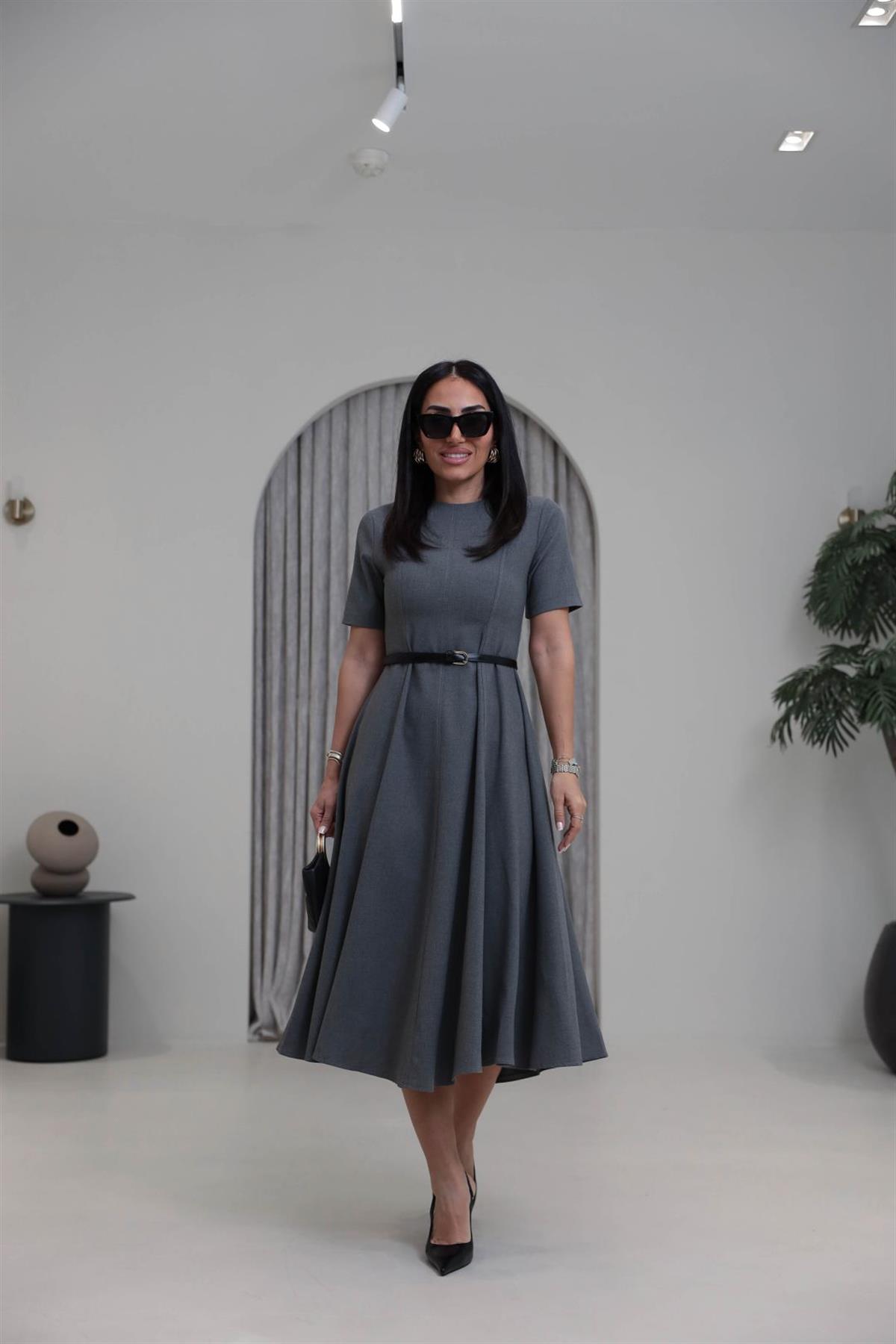 1013 Bisiklet Yaka Kemerli Kloş Elbise GRİ