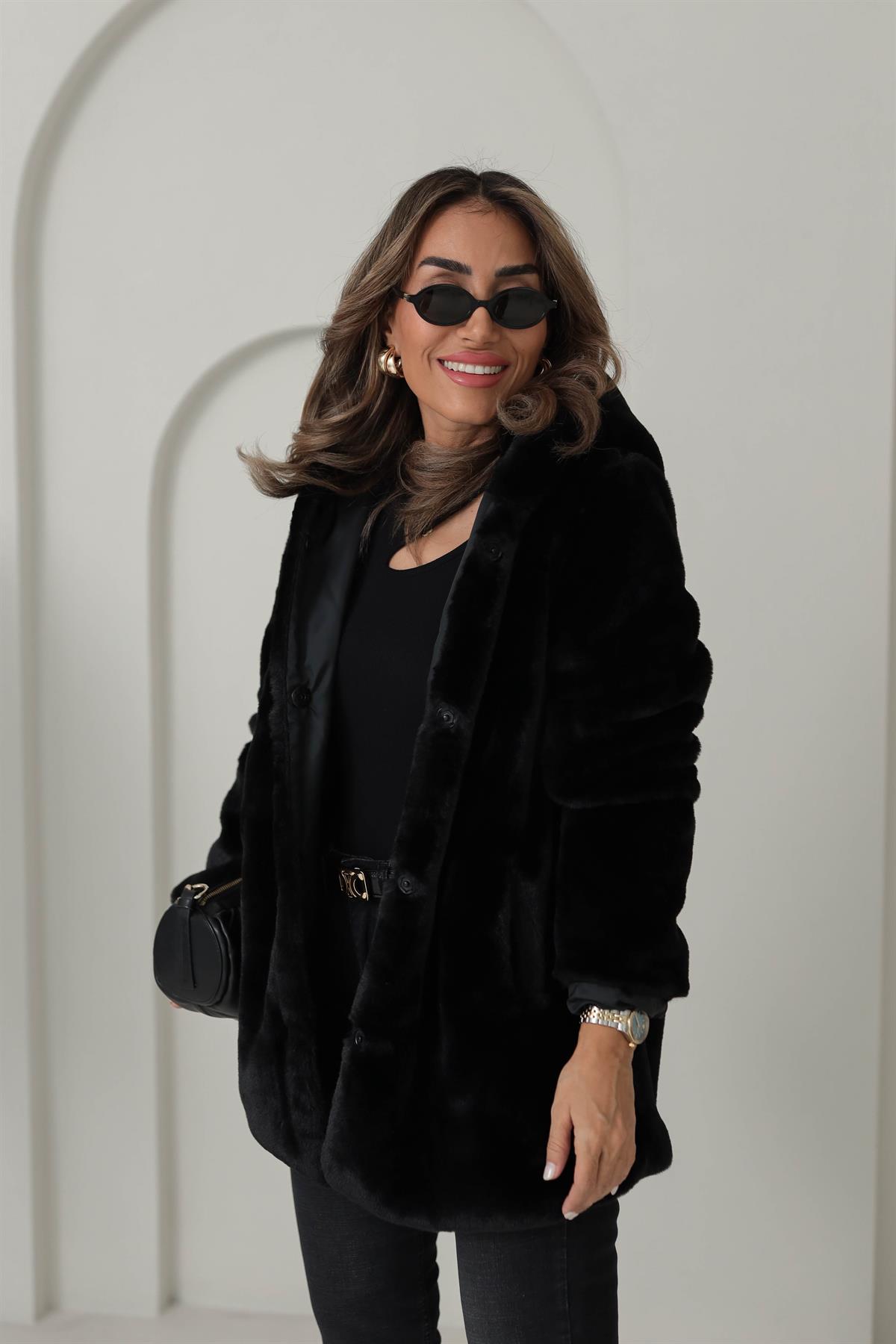 1139 Kapşonlu Kalın Kürk SİYAH