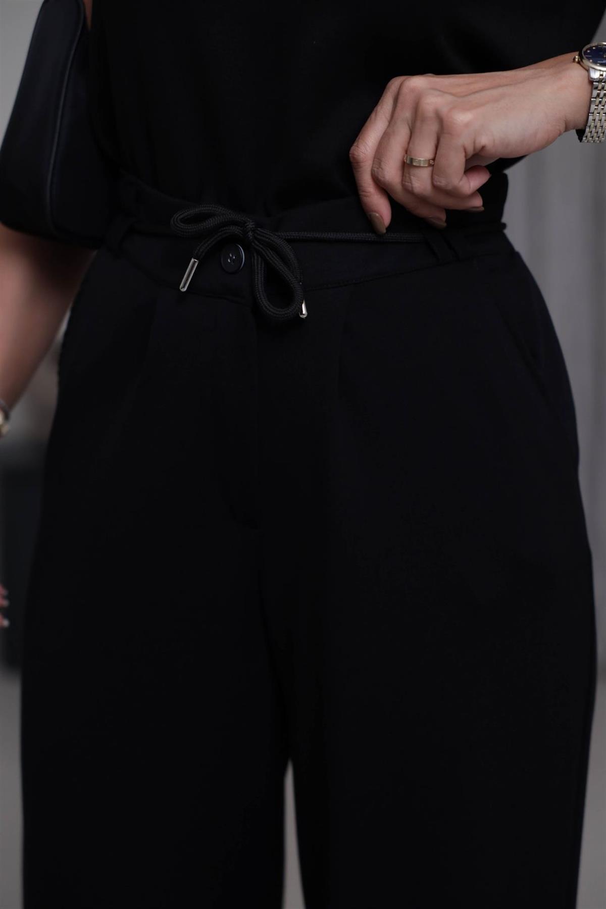 8009 Bel Lastikli İp Kemerli Oys Modal Pantolon SİYAH