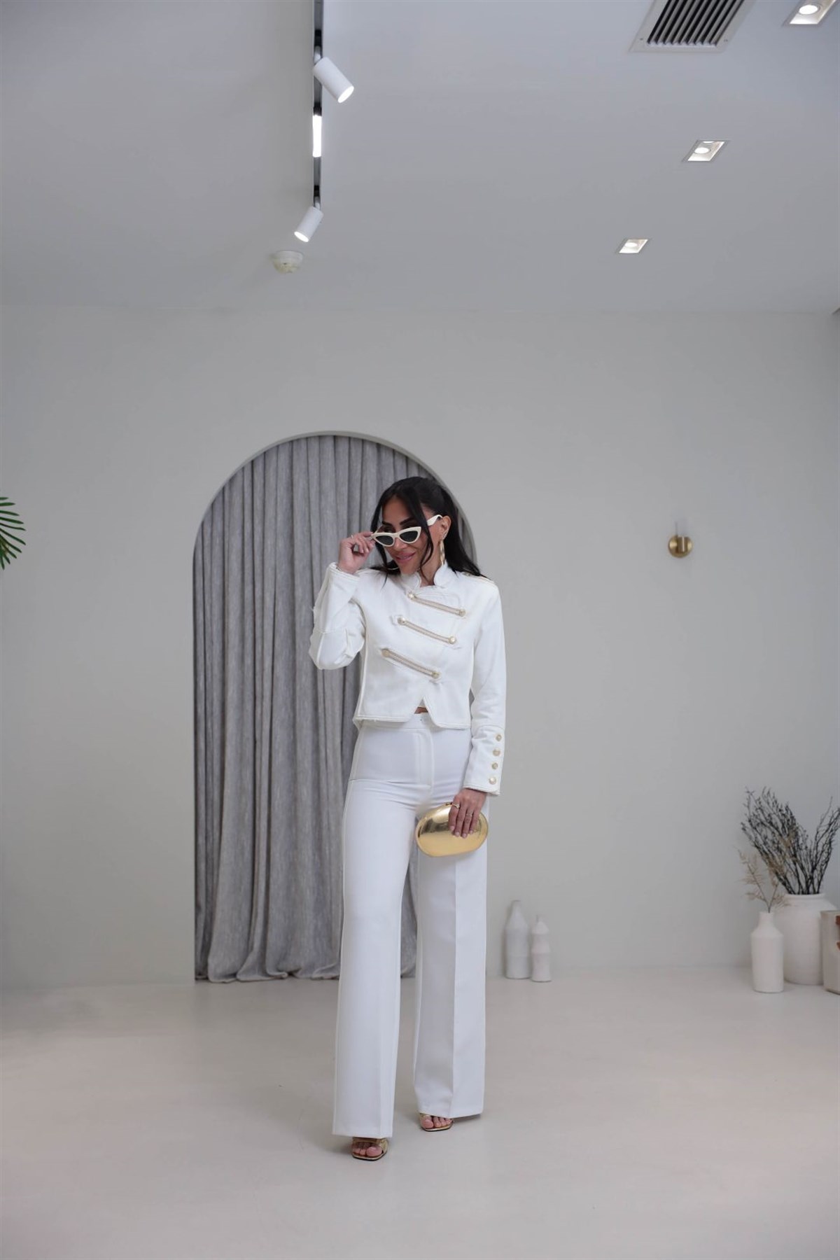 5156 Bel Pensli Rahat Kalıp Kumaş Pantolon BEYAZ