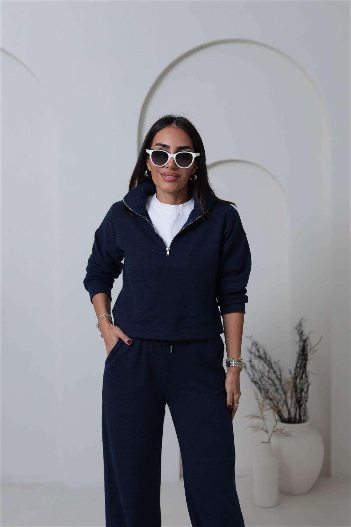 5750 Dik Yaka Yarım Fermuarlı Yumoş Dokulu Takım LACİVERT