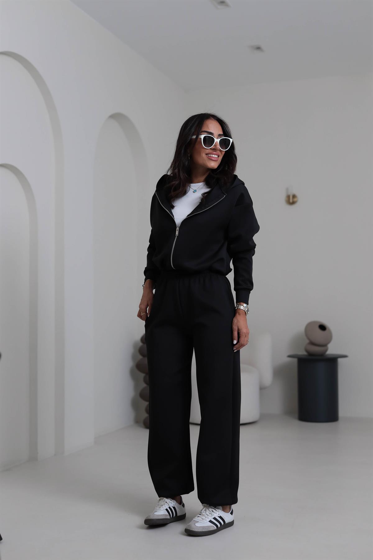 4202 Kapşonlu Büzgü Detay Scuba Takım SİYAH