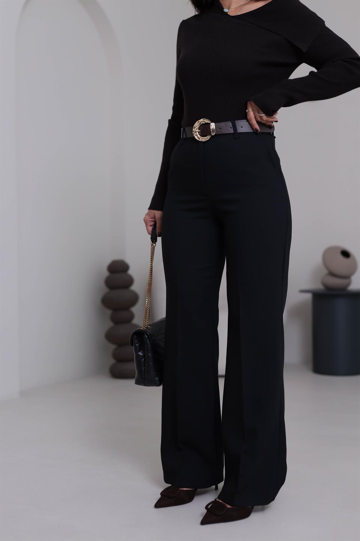 7038 Kemerli Kumaş Pantolon SİYAH