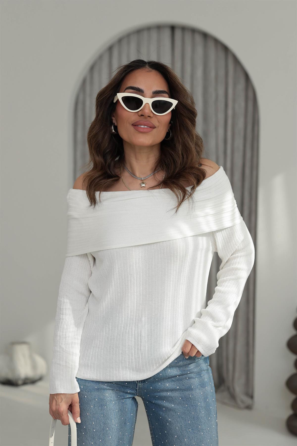 0340 Madonna Yaka Fitilli Mevsimlik Triko EKRU