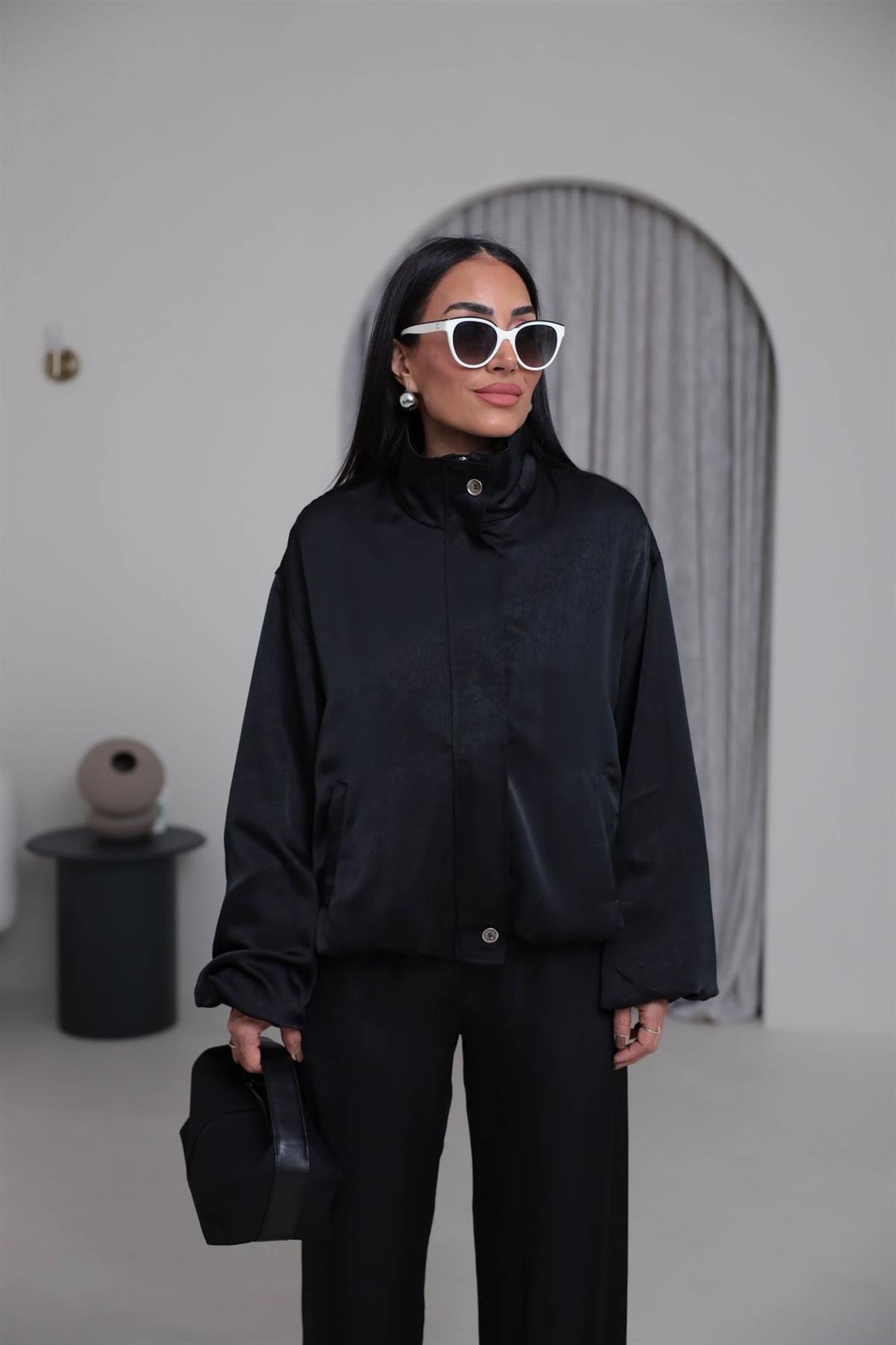 6800 Önden Fermuarlı Bomber Saten Takım SİYAH