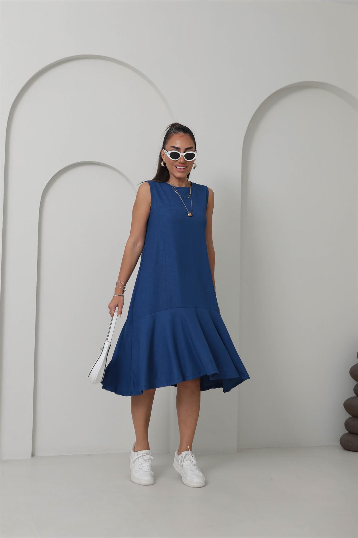 A9901 Eteği Volanlı Kolsuz Elbise Indigo