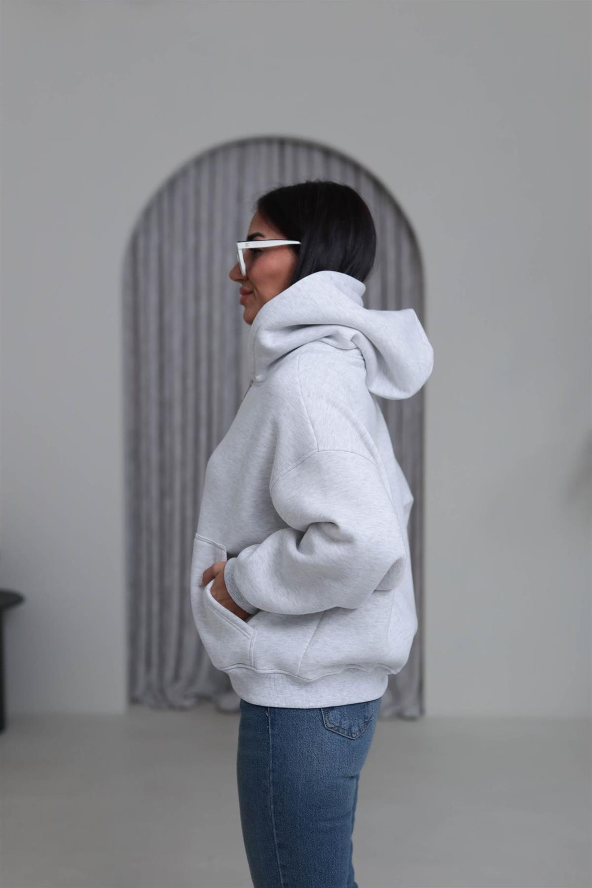 0822 Kapüşonlu Fermuarlı Şardonlu Sweatshirt GRİ